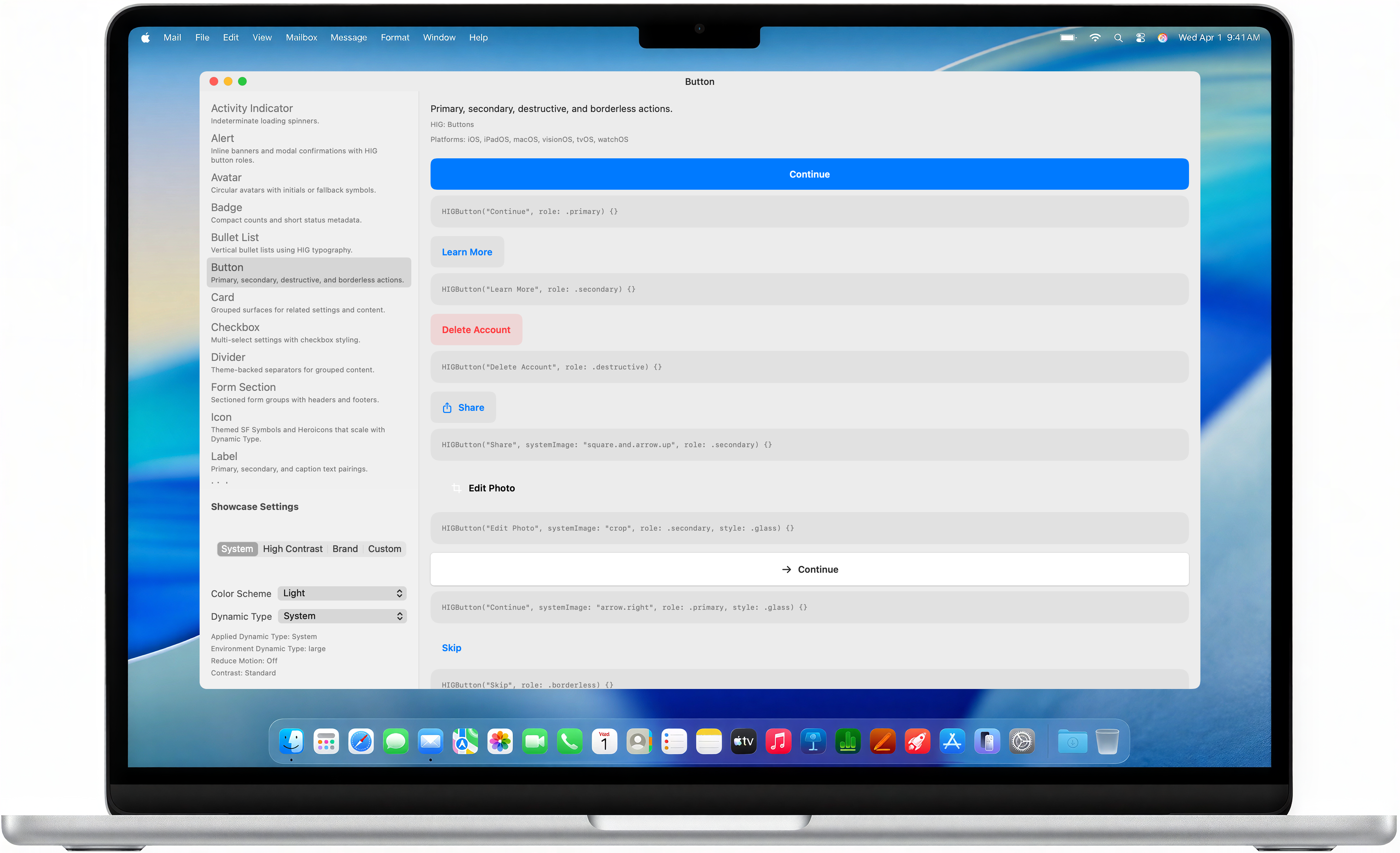 HIGButton component preview on macOS