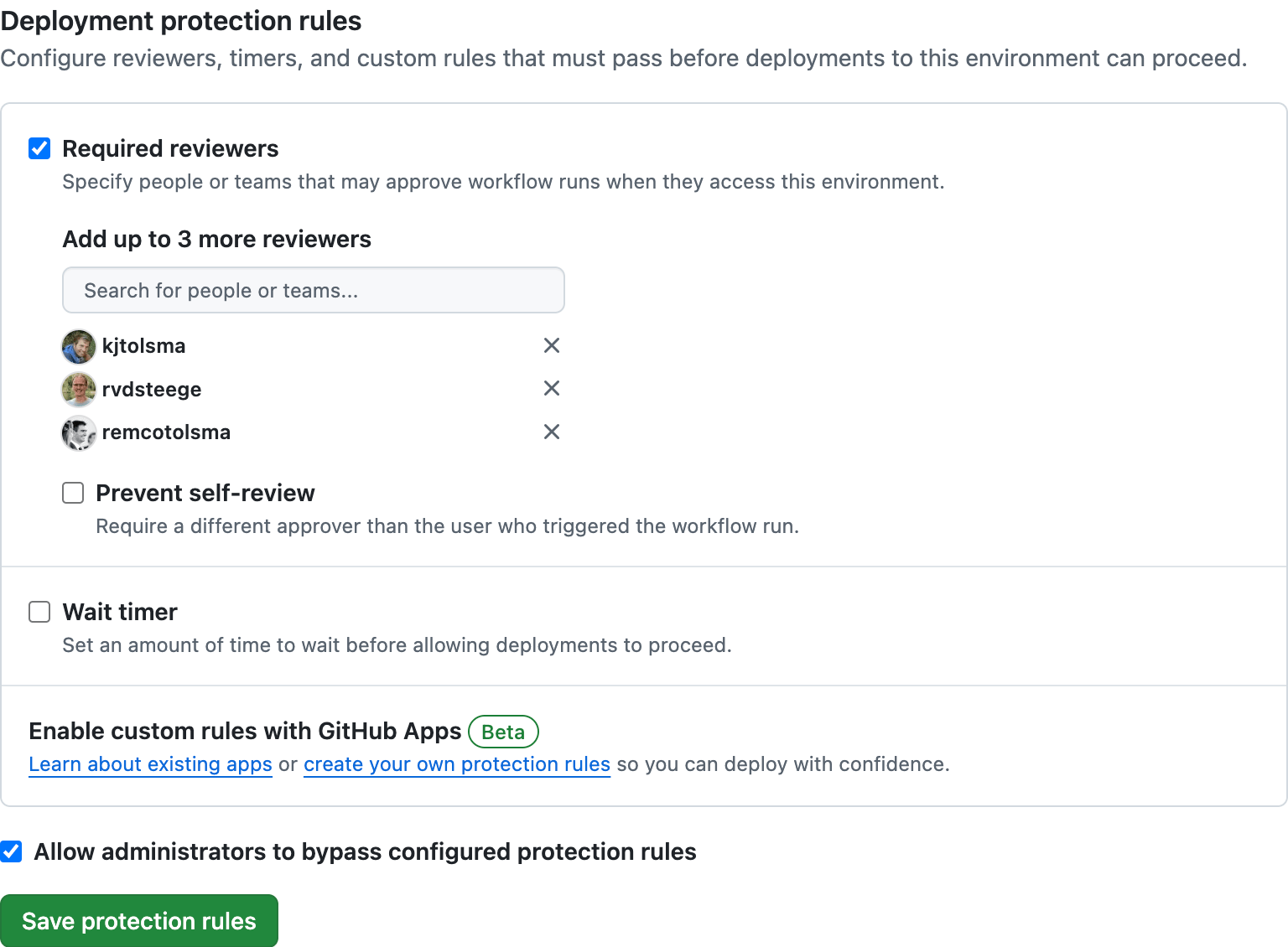 Screenshot of GitHub repository environment deployment protection rules.