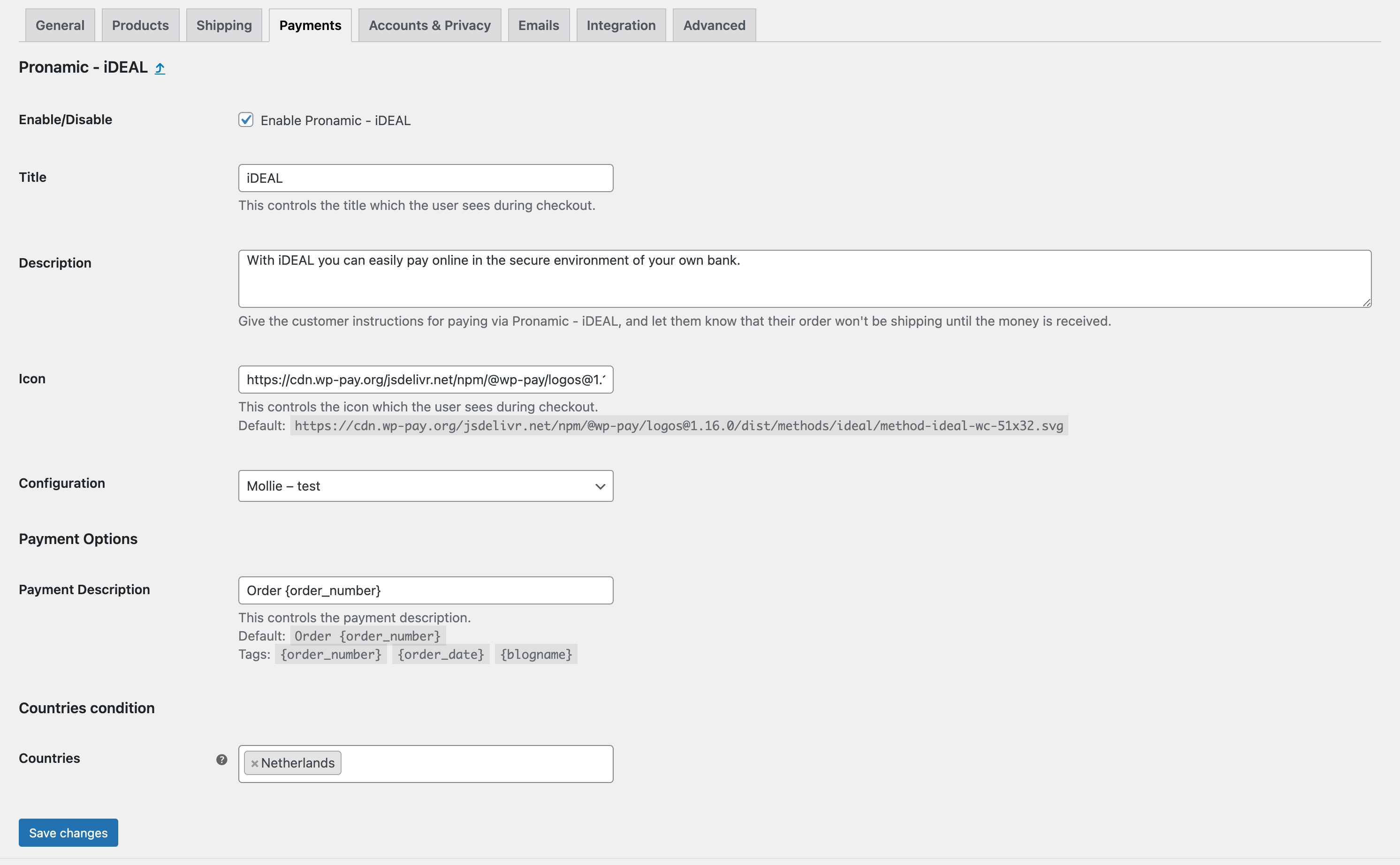 Screenshot of the Pronamic Pay WooCommerce iDEAL payment gateway settings page in the WordPress admin dashboard.