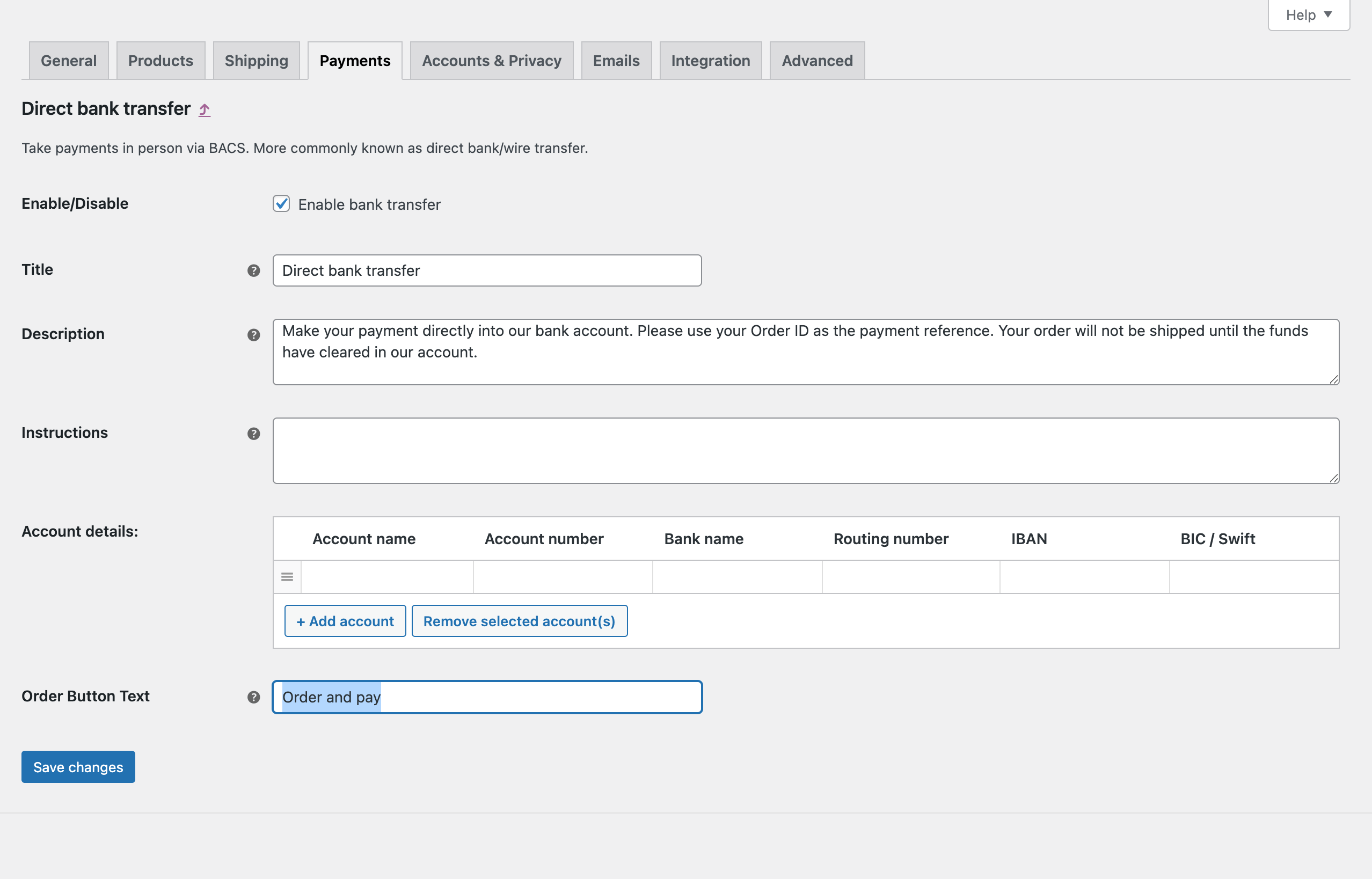 Screenshot WordPress admin WooCommerce settings payments Direct bank transfer