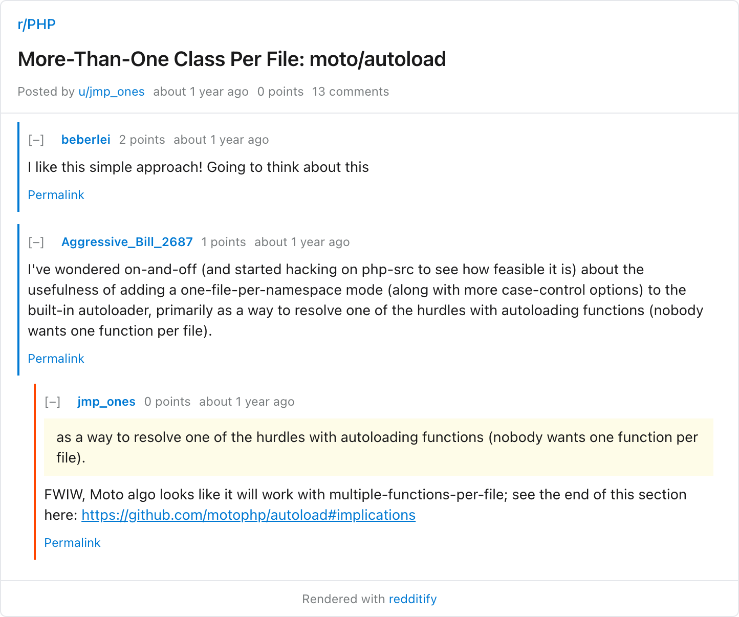 Redditify rendering an r/PHP thread with nested replies