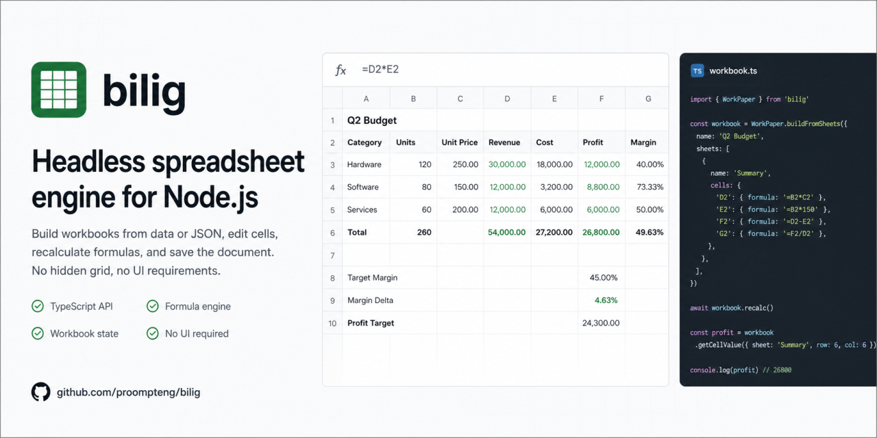 bilig headless spreadsheet engine for Node.js programs