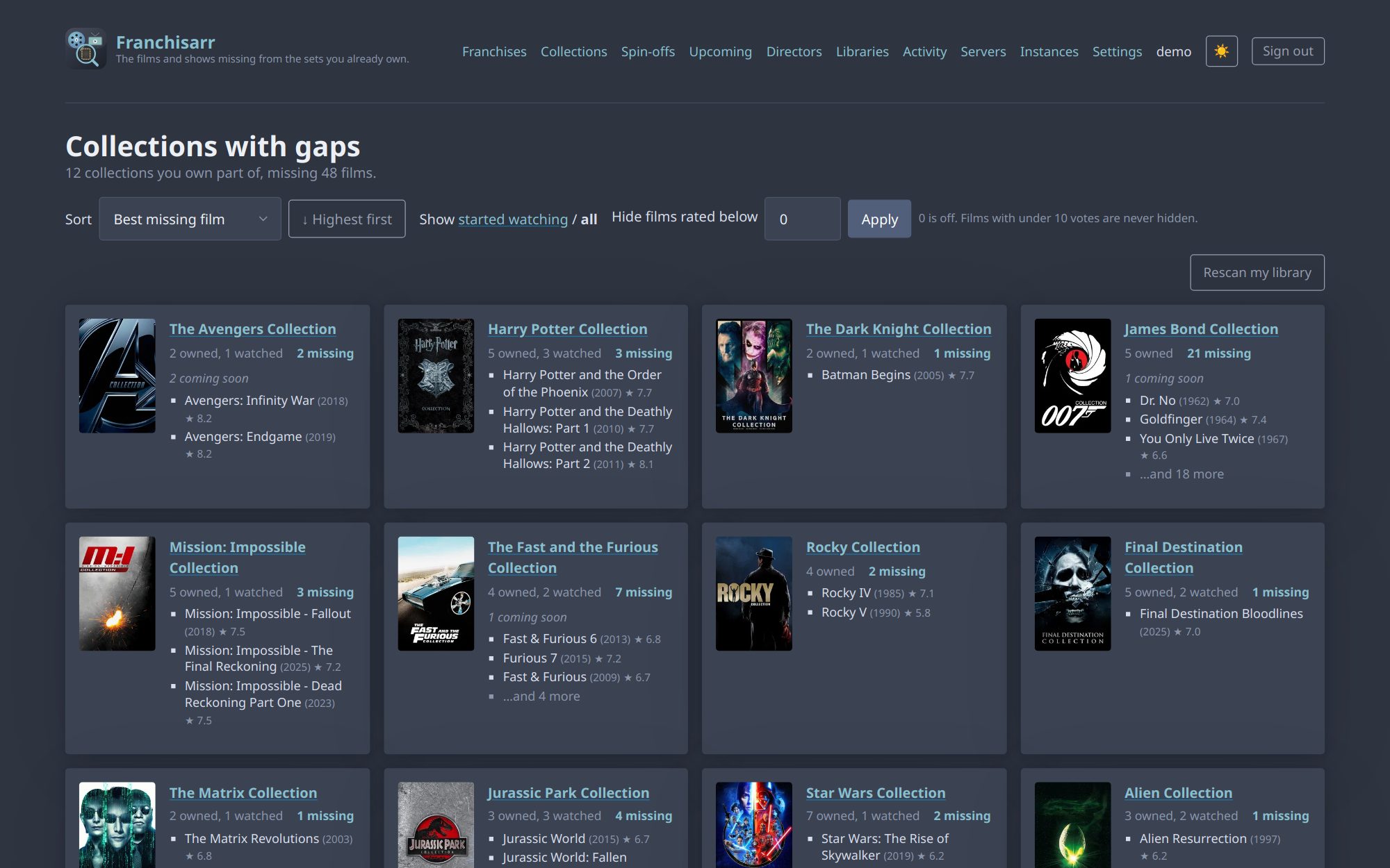 Collections with gaps: each collection you own part of, with its missing films