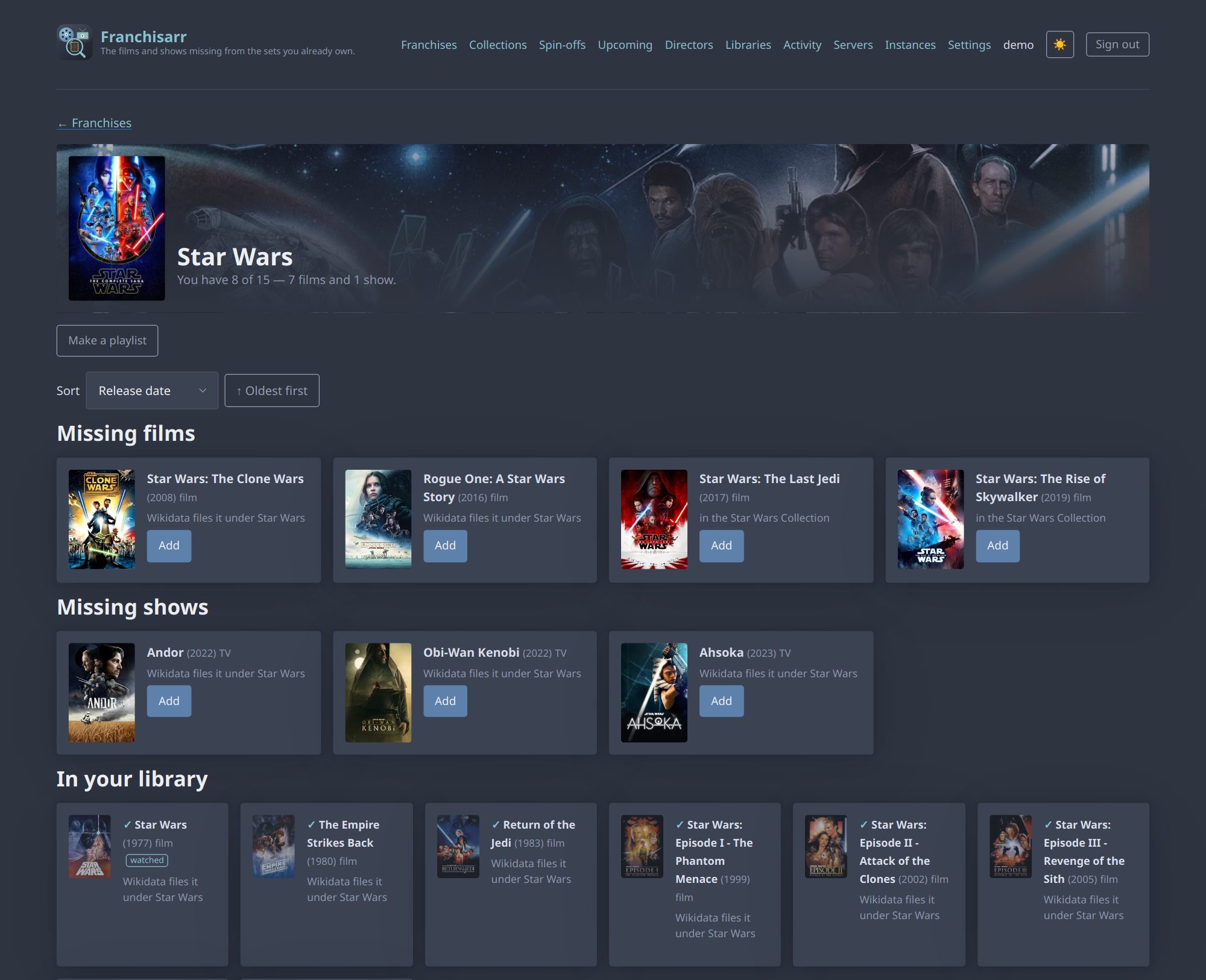 A franchise page: films and shows across Star Wars, missing ones with Add buttons