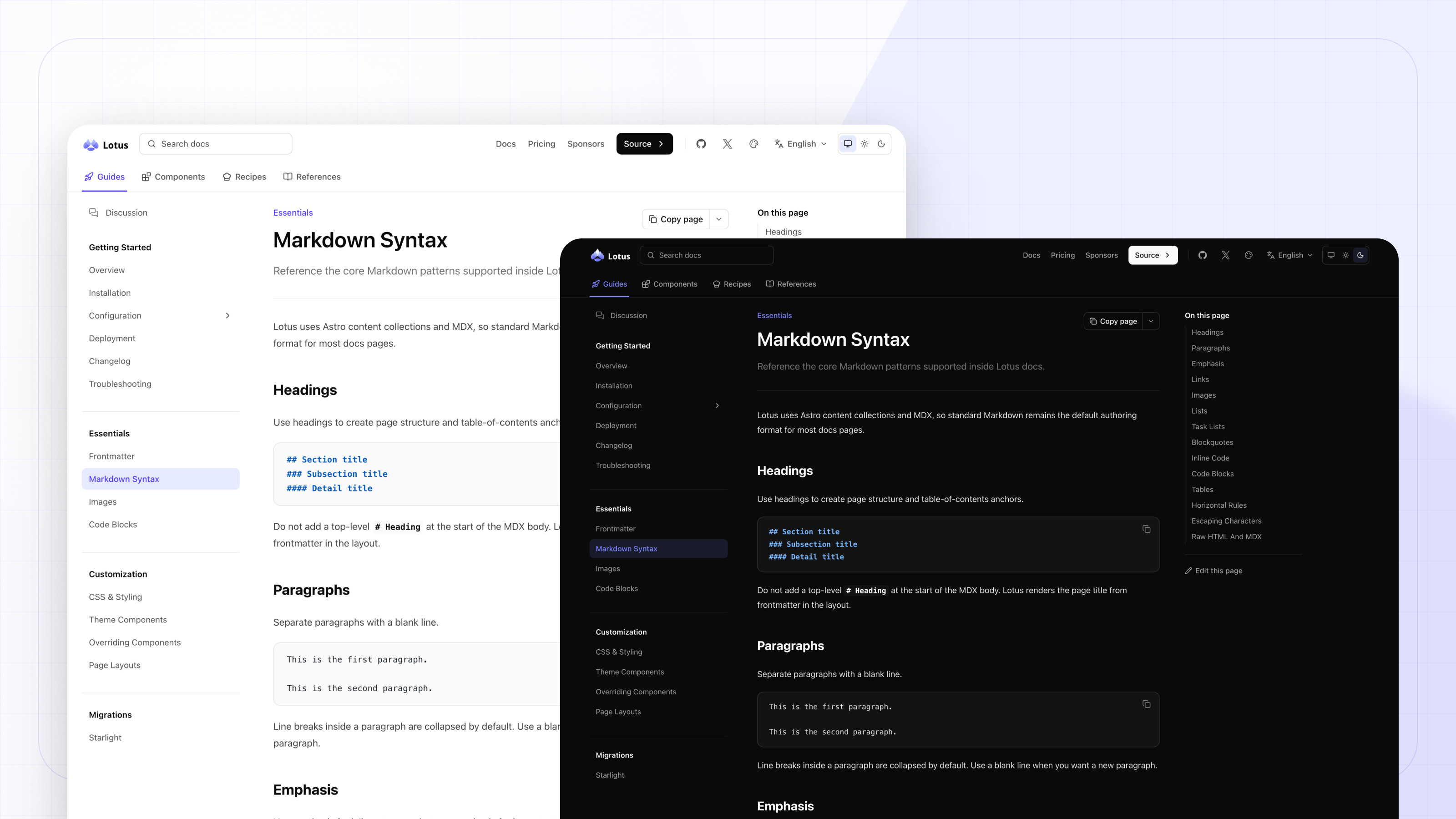 Lotus documentation theme shown in light and dark
modes