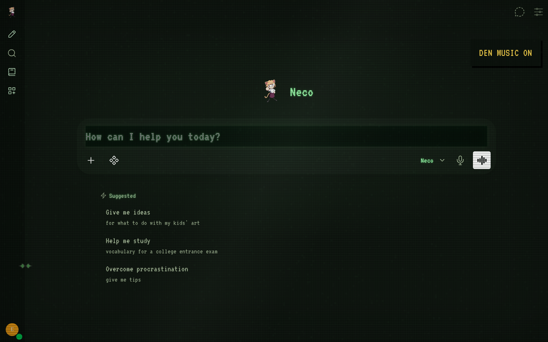 The Den home screen with Neco, CRT typography, and music control