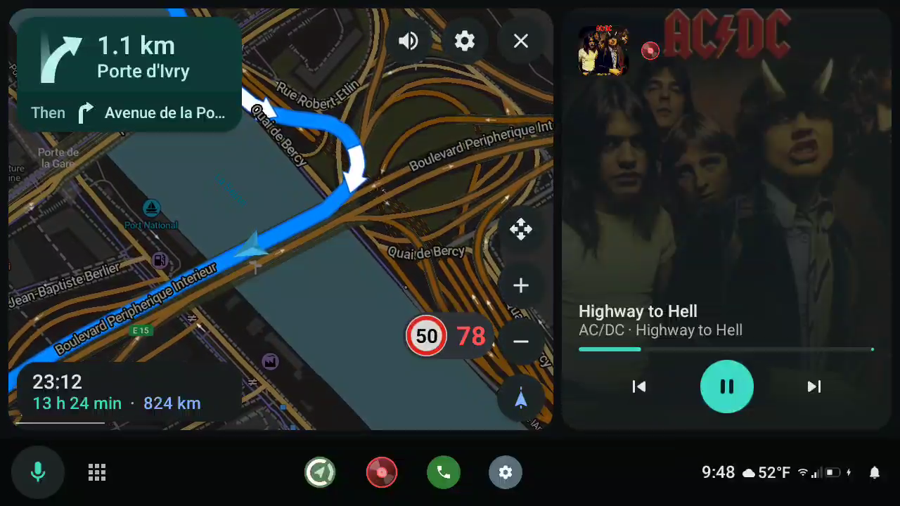The car screen: CoMaps guiding, the music, and the bar along the bottom