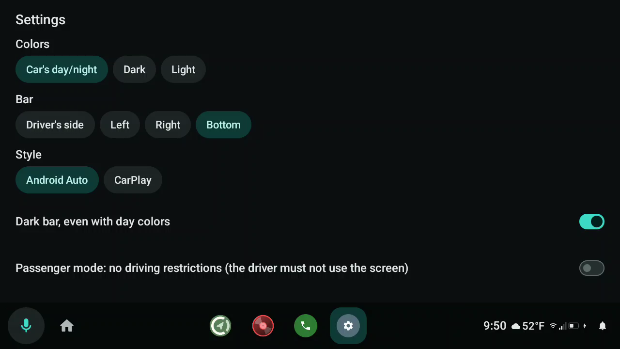 The car's settings