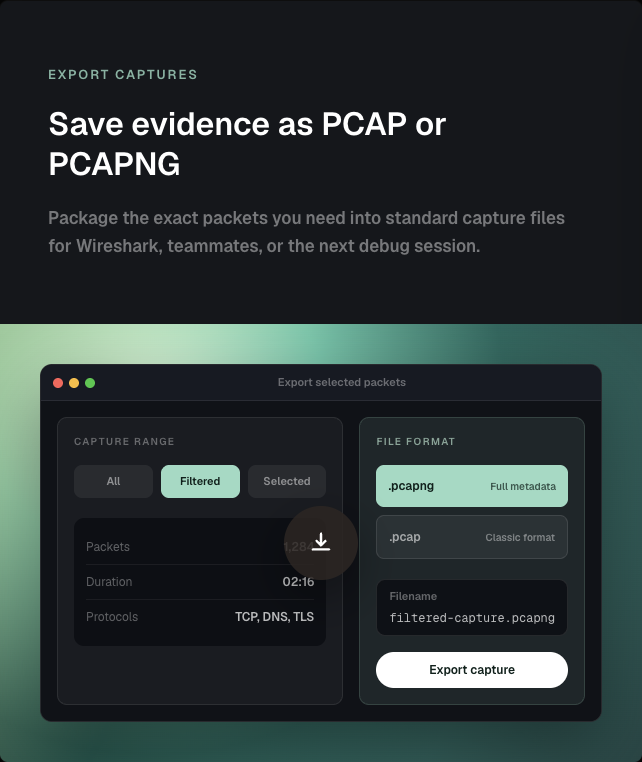 Export selected packets as PCAP or PCAPNG