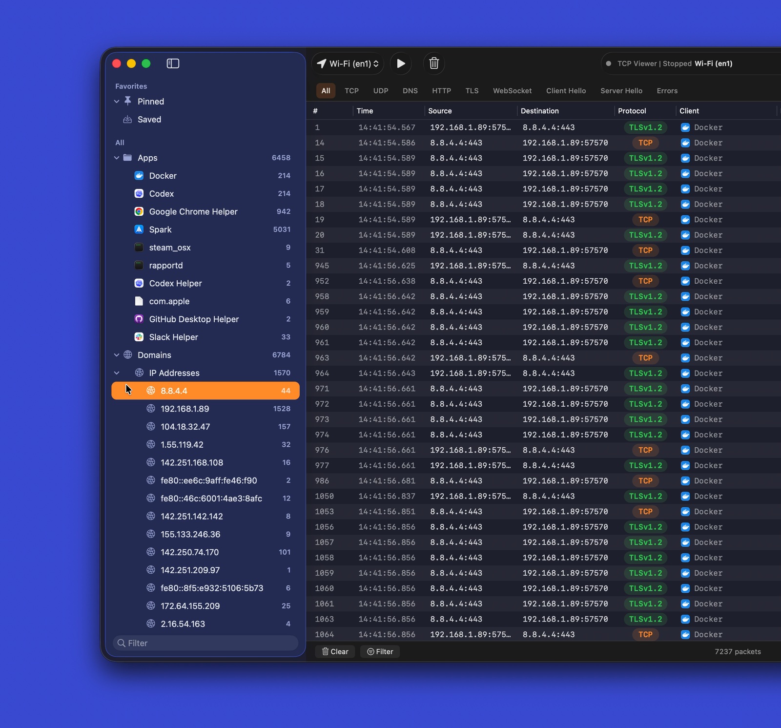 Group packets by app, domain, and IP address
