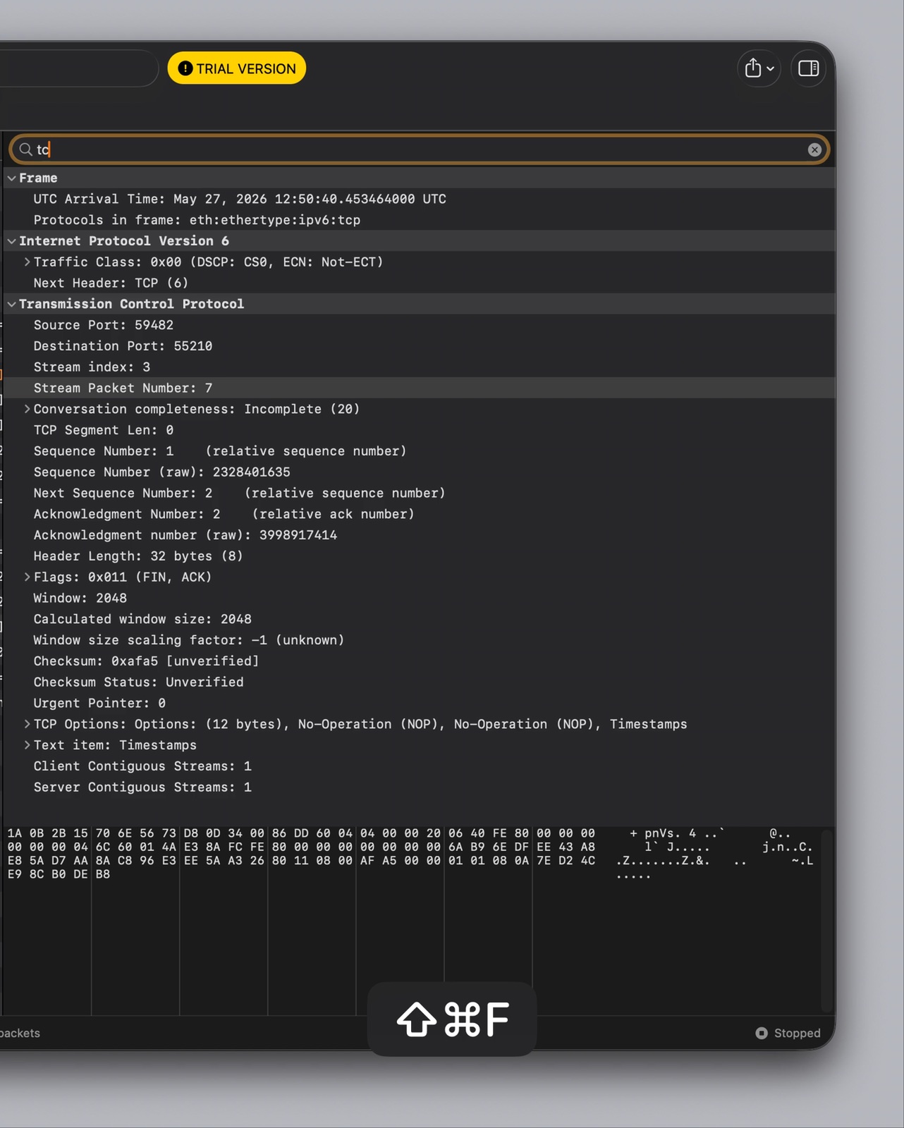 Inspect protocol fields and raw packet bytes