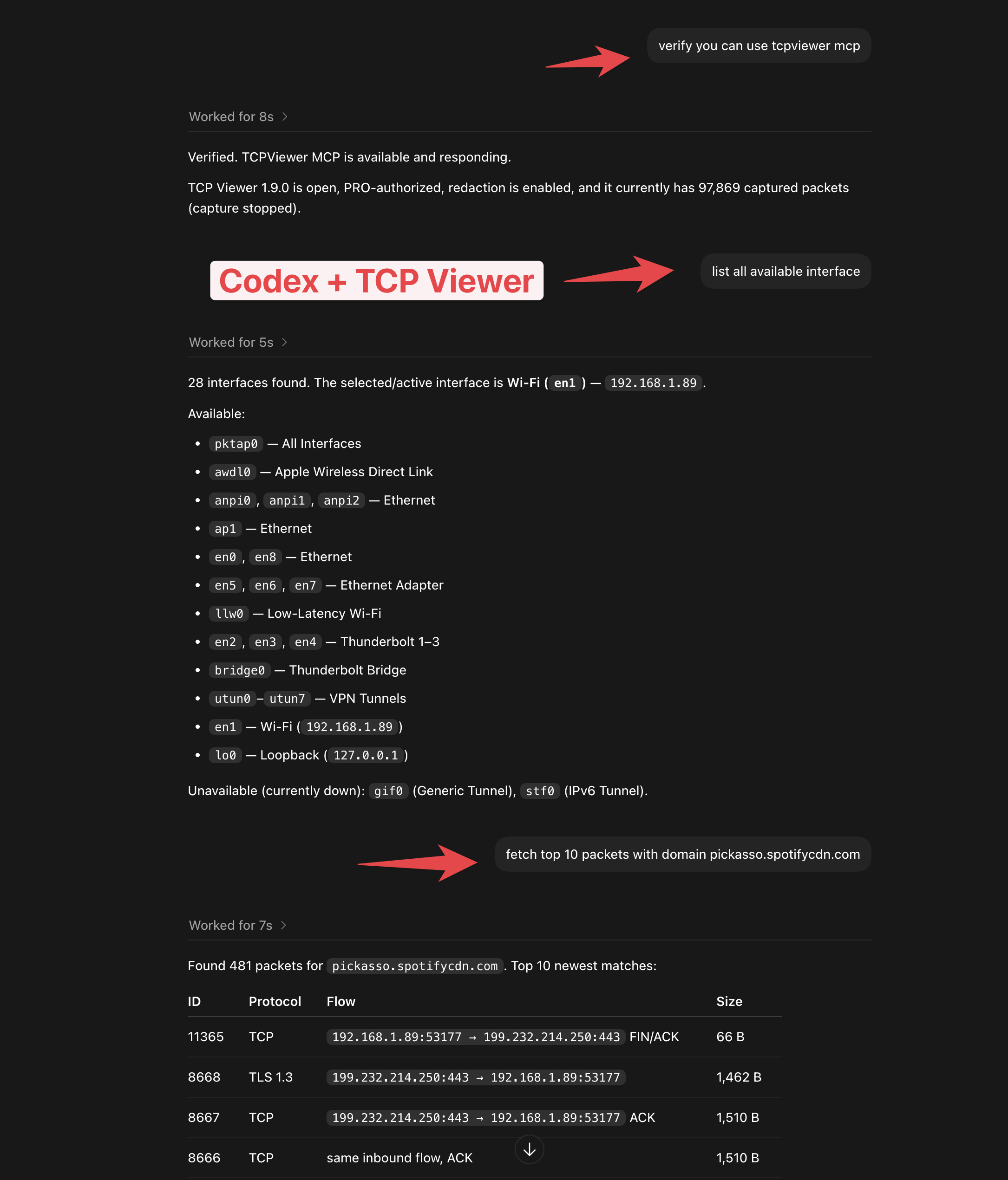 Codex asking TCP Viewer MCP about capture status, interfaces, and packets