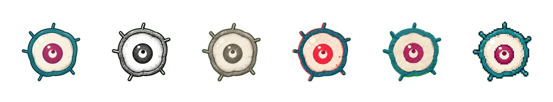 Example output of the mascot guide: Mote, Empryo's mascot, in six styles