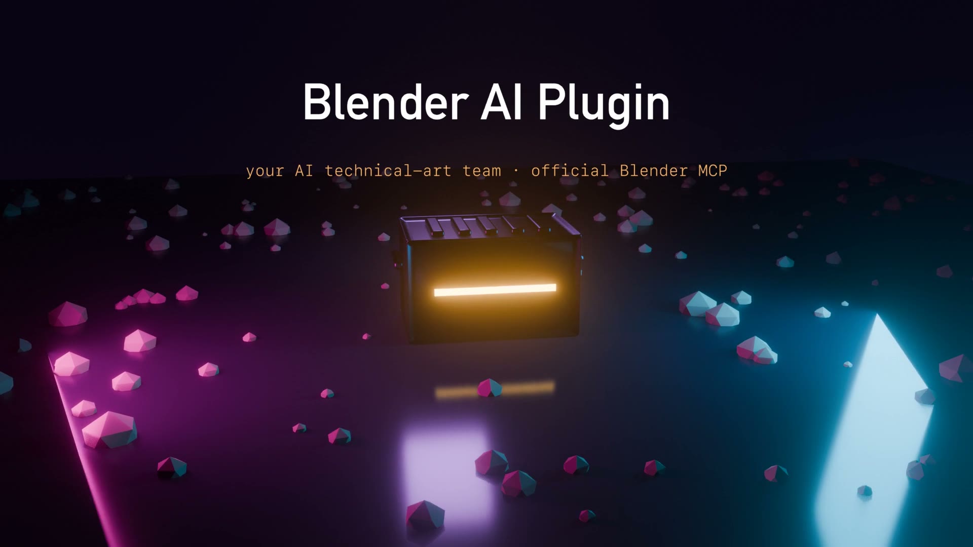 Promotional 3D scene from the Blender AI Plugin repository showing a glowing cube and stylized environment