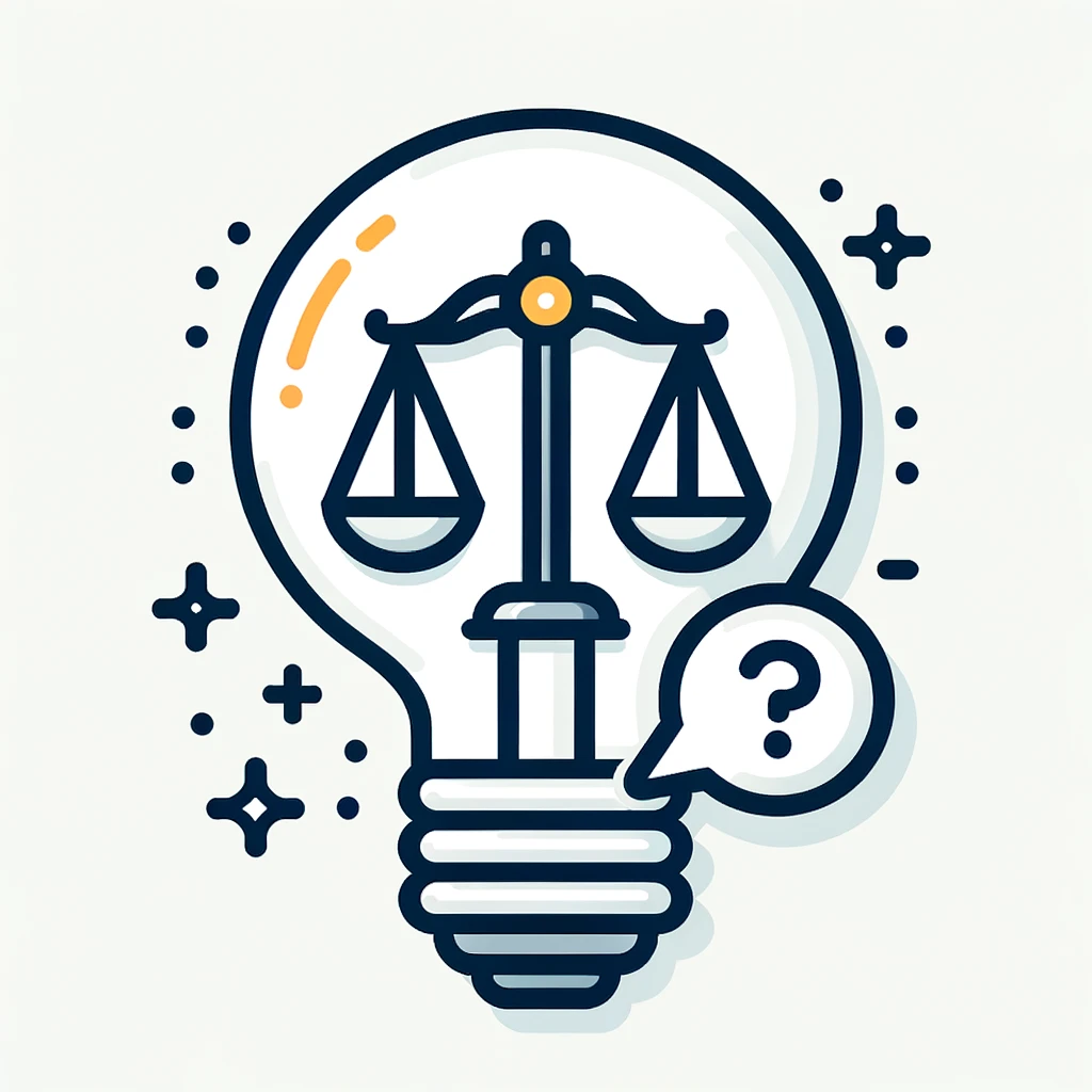 Illustration icon: A modern light bulb design, with its filament shaped as a balance scale representing law. Encapsulating the bulb is a speech bubble, with a question mark and an answer tick, symbolizing the Q&A aspect.