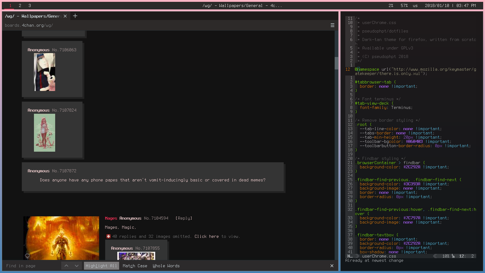 screenshot showing off firefox, terminal, and 4chan CSS