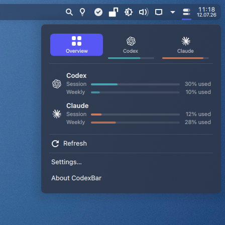 CodexBar widget in a KDE Plasma panel with the popup open