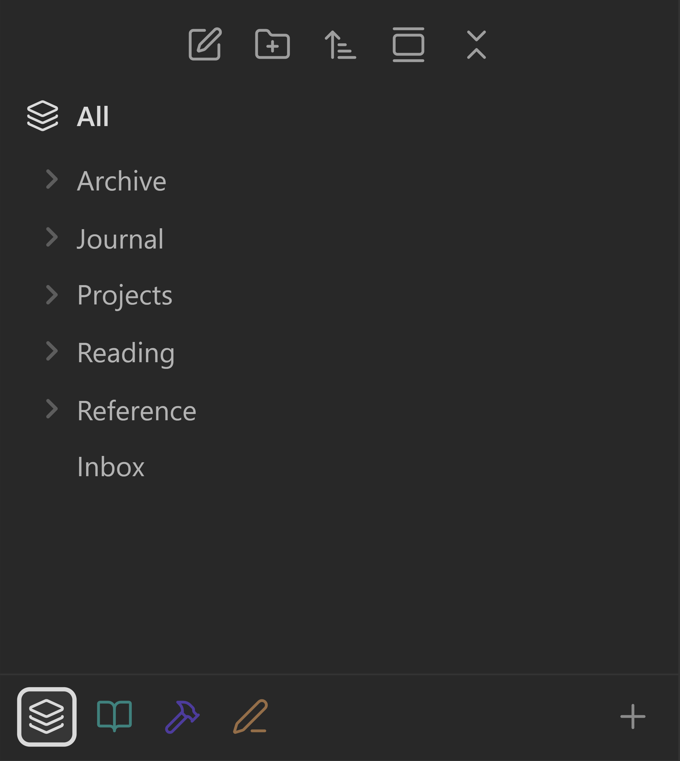 The file explorer showing the whole vault: Archive, Journal, Projects, Reading, Reference and Inbox.