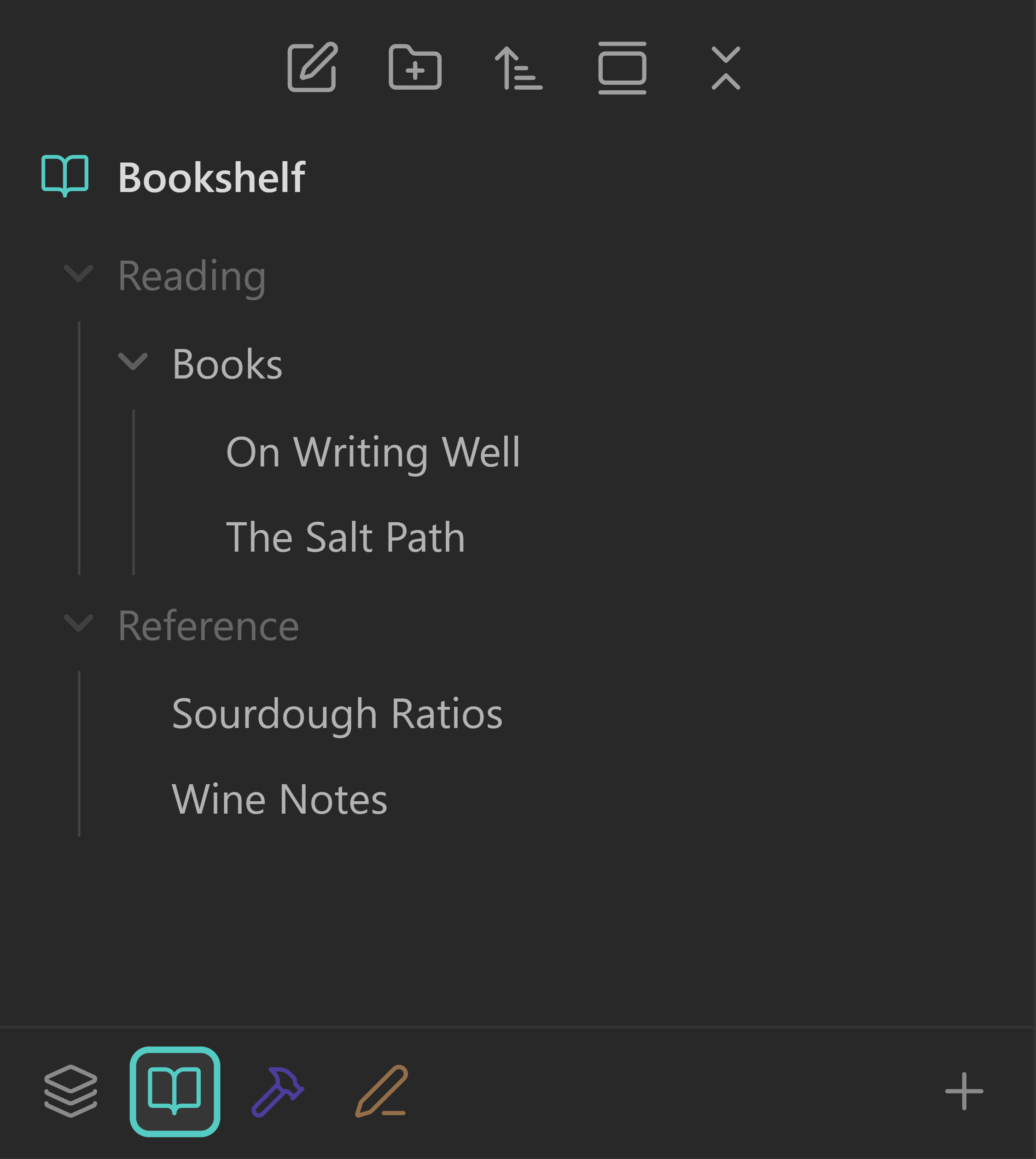 The same explorer narrowed to a space called Bookshelf, showing two books and two reference notes under dimmed parent folders.