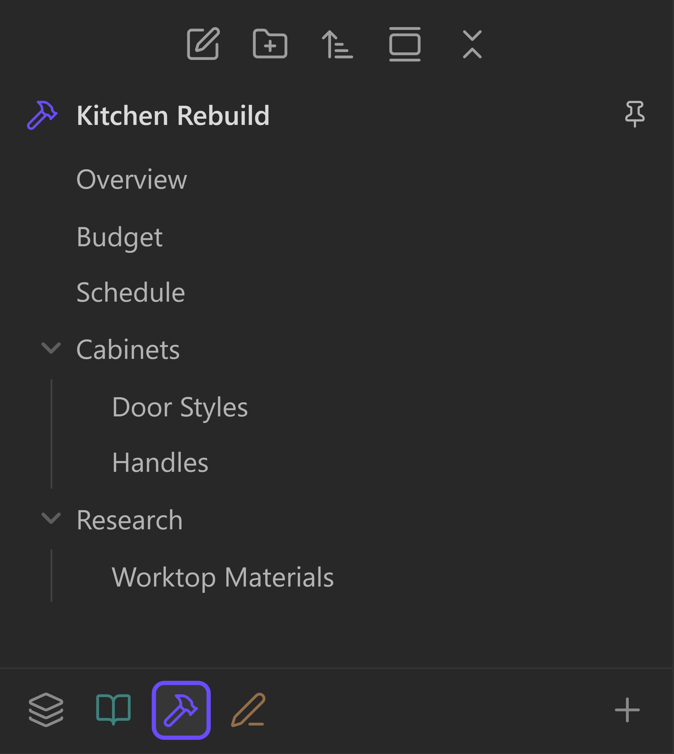 The same explorer showing a space pinned to the Kitchen Rebuild folder, with that folder's own contents at the top level.