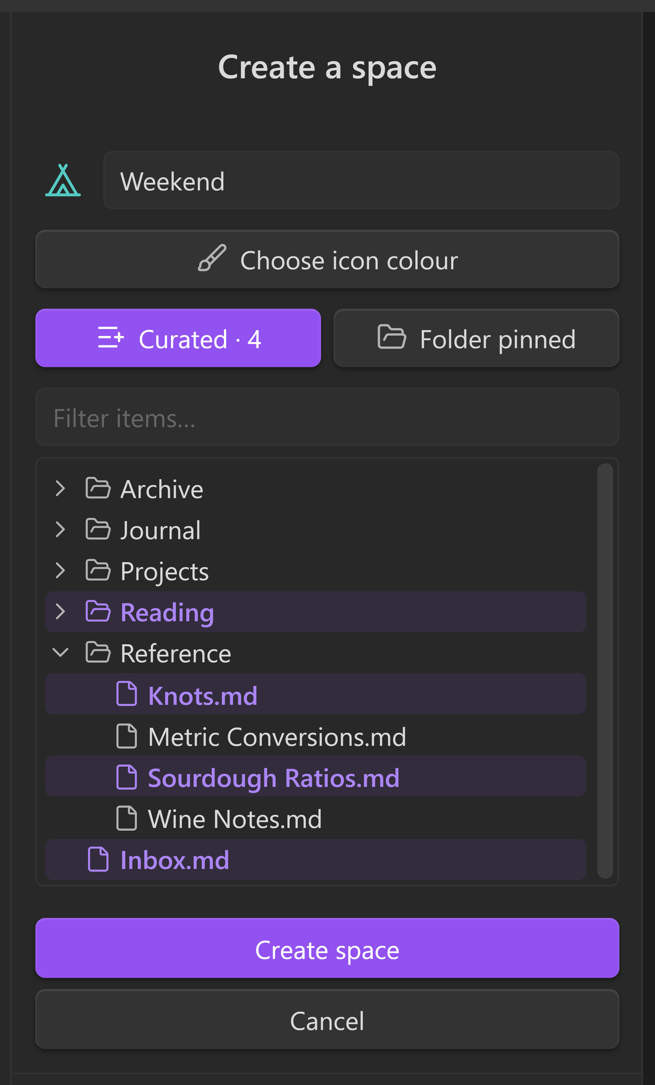 Spaces screenshot — The creation form with Curated selected, showing a searchable tree of the vault with a folder and three notes picked out.