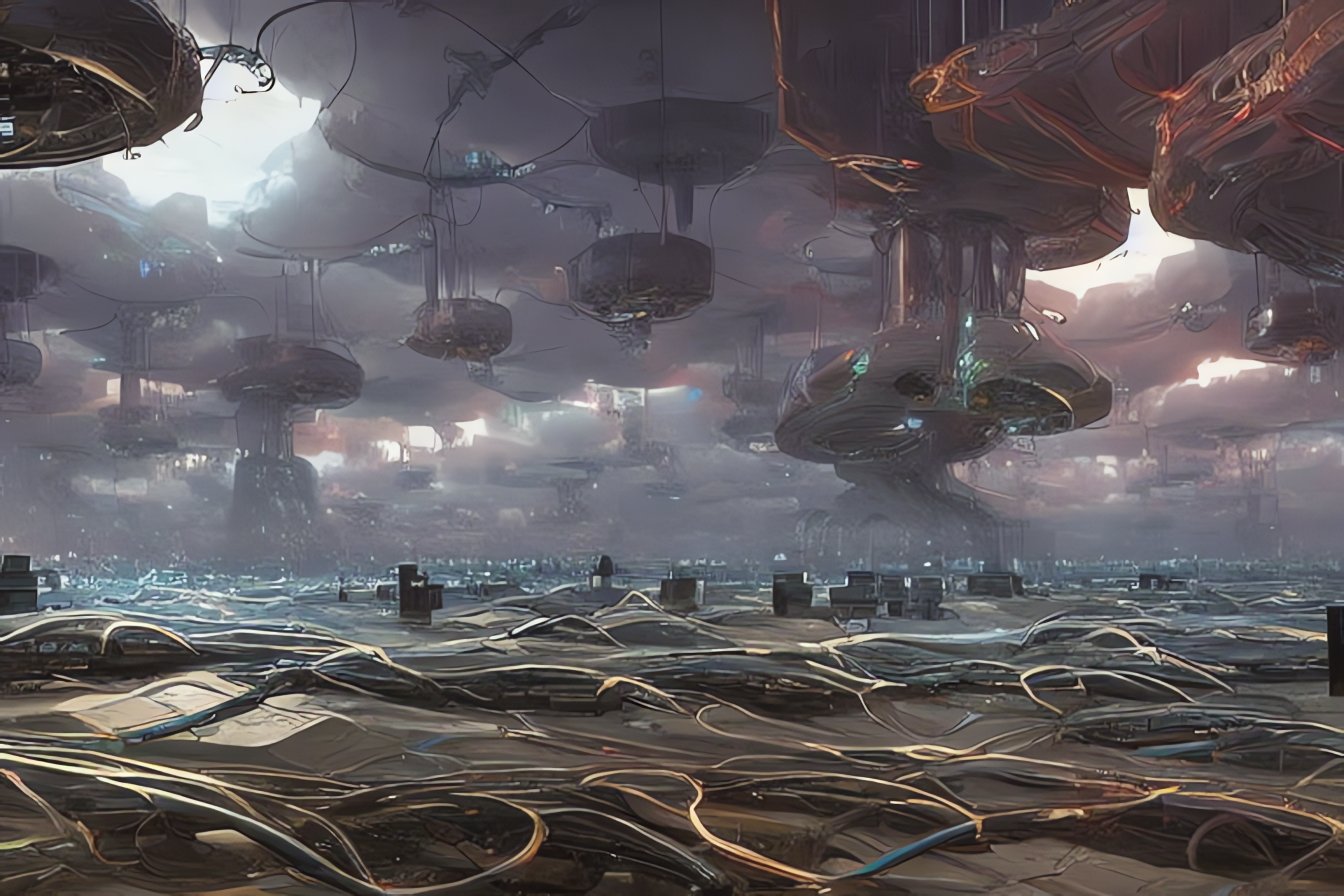 ethereal field of  gigantic mega computers with data cables, painting by Greg Rutkowski