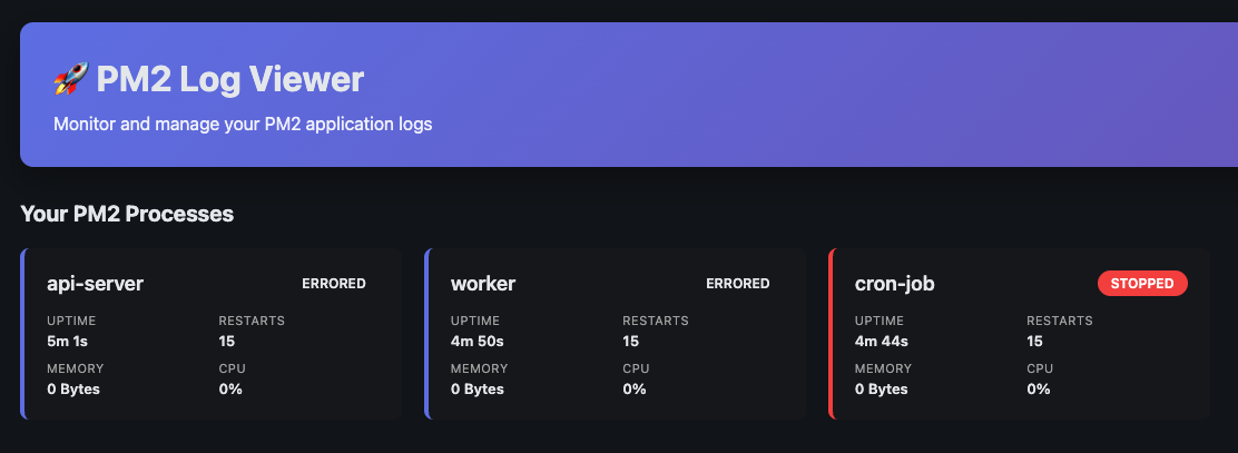 PM2 Log Viewer Dashboard