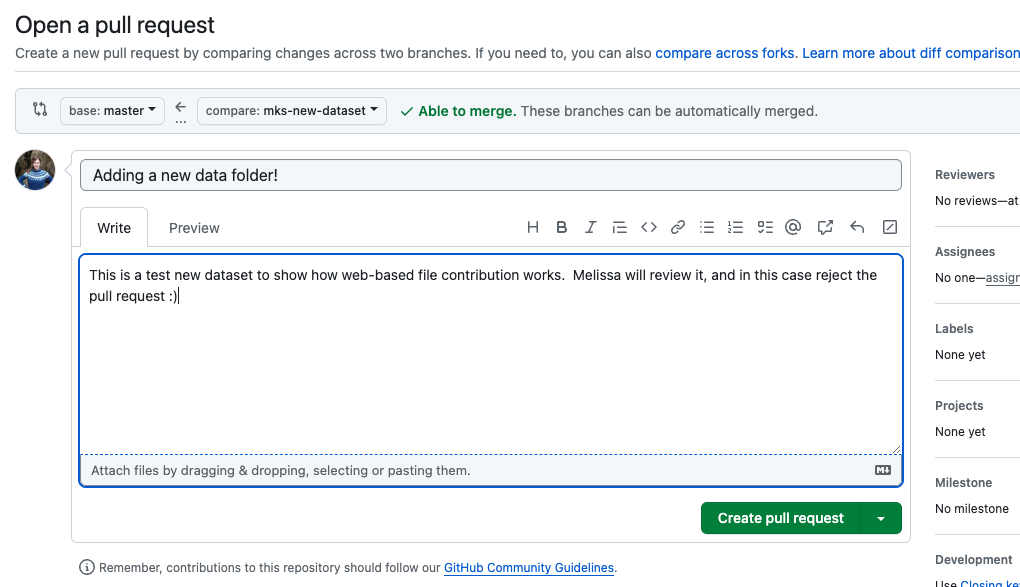 screenshot of pull request form