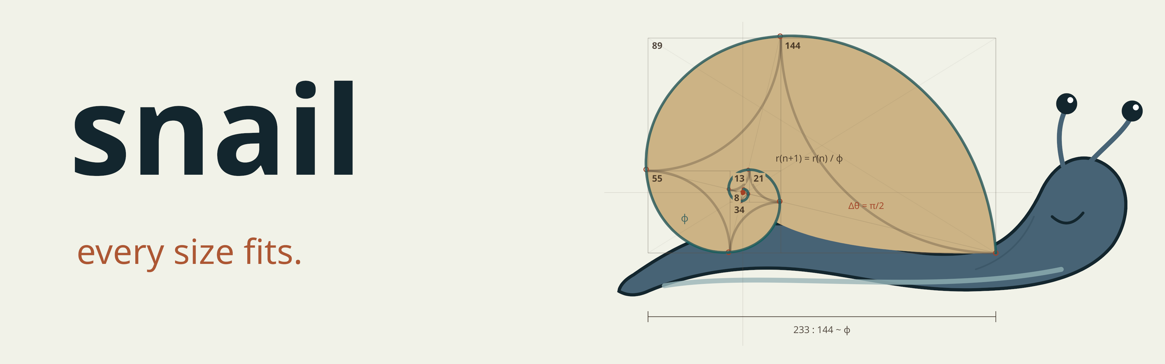 snail banner: every size fits, illustrated by a blue-gray vector snail carrying a detailed golden-ratio shell construction