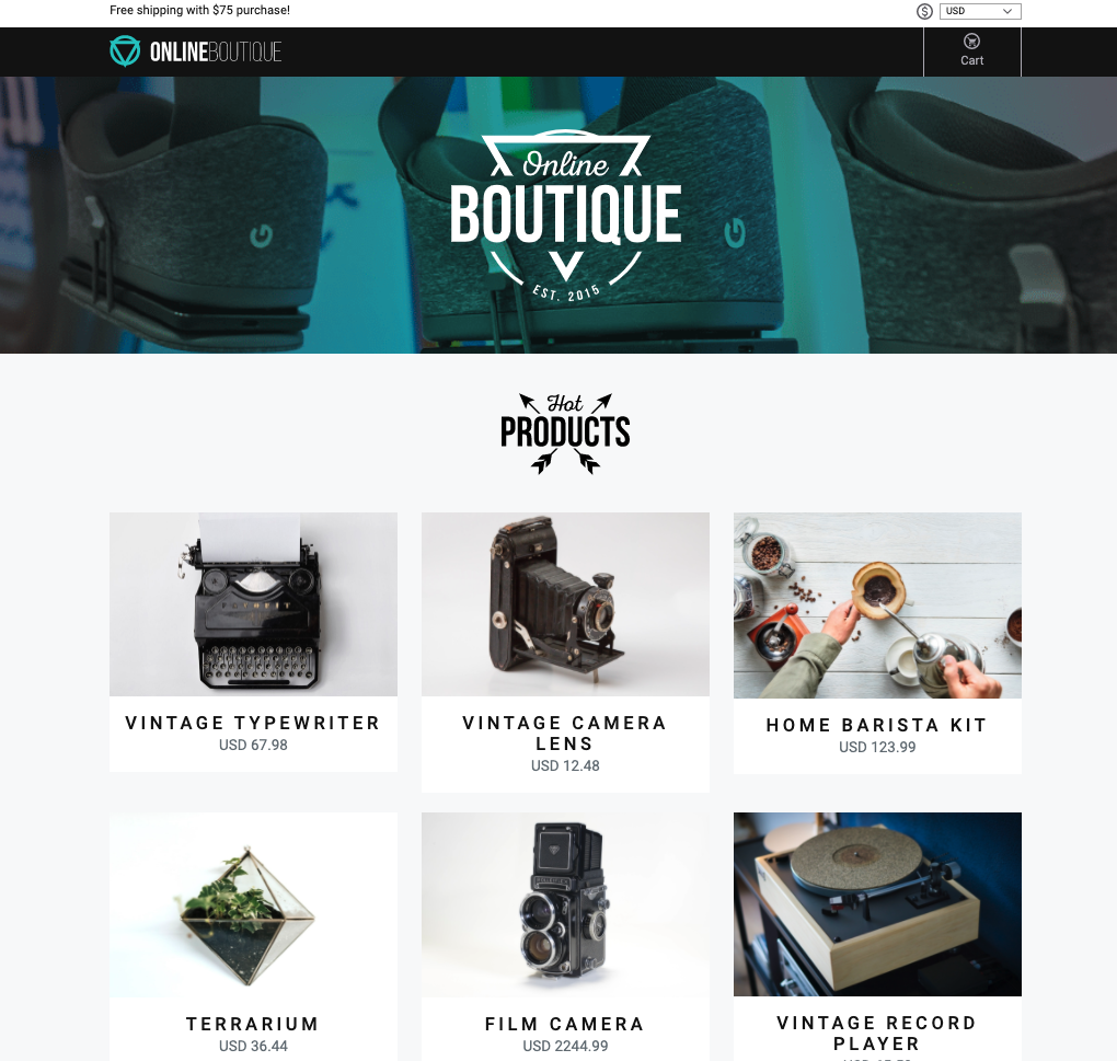 Screenshot of store homepage