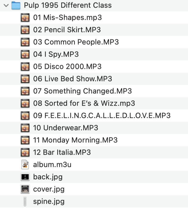 Screenshot showing mp3 files and the additional files needed for Spines; back, cover, spine and album.m3u