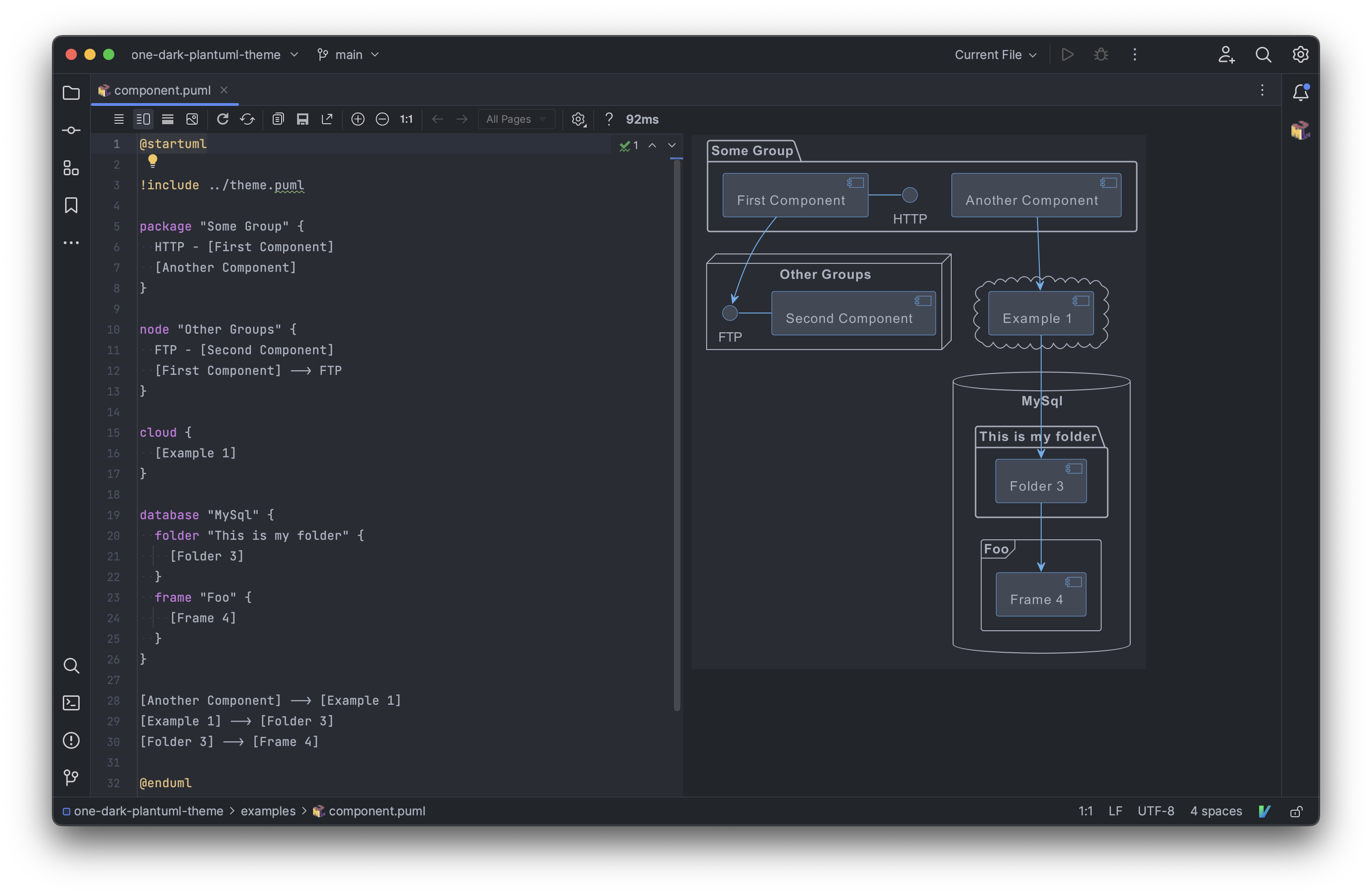 Screenshot of WebStorm with PlantUML diagram code in left pane and diagram preview with One Dark PlantUML theme in right pane
