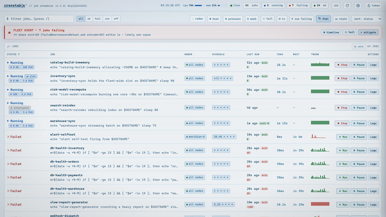 cronstable web dashboard, animated: a tour of the live job overview, the command palette, a live log tail, a DAG's task graph, the nine-node cluster and fleet matrix, the wallboard and incident timeline, the device-pairing QR panel for encrypted push alerts, and the accessibility options (a colour-vision-safe palette and larger UI scale)