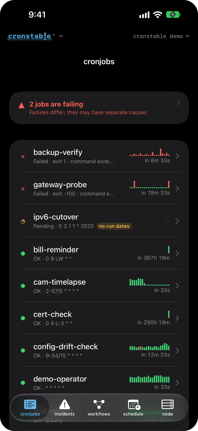 The app's jobs board in dark mode: a failing-jobs banner above each job's status, schedule, next-run countdown, and run sparkline