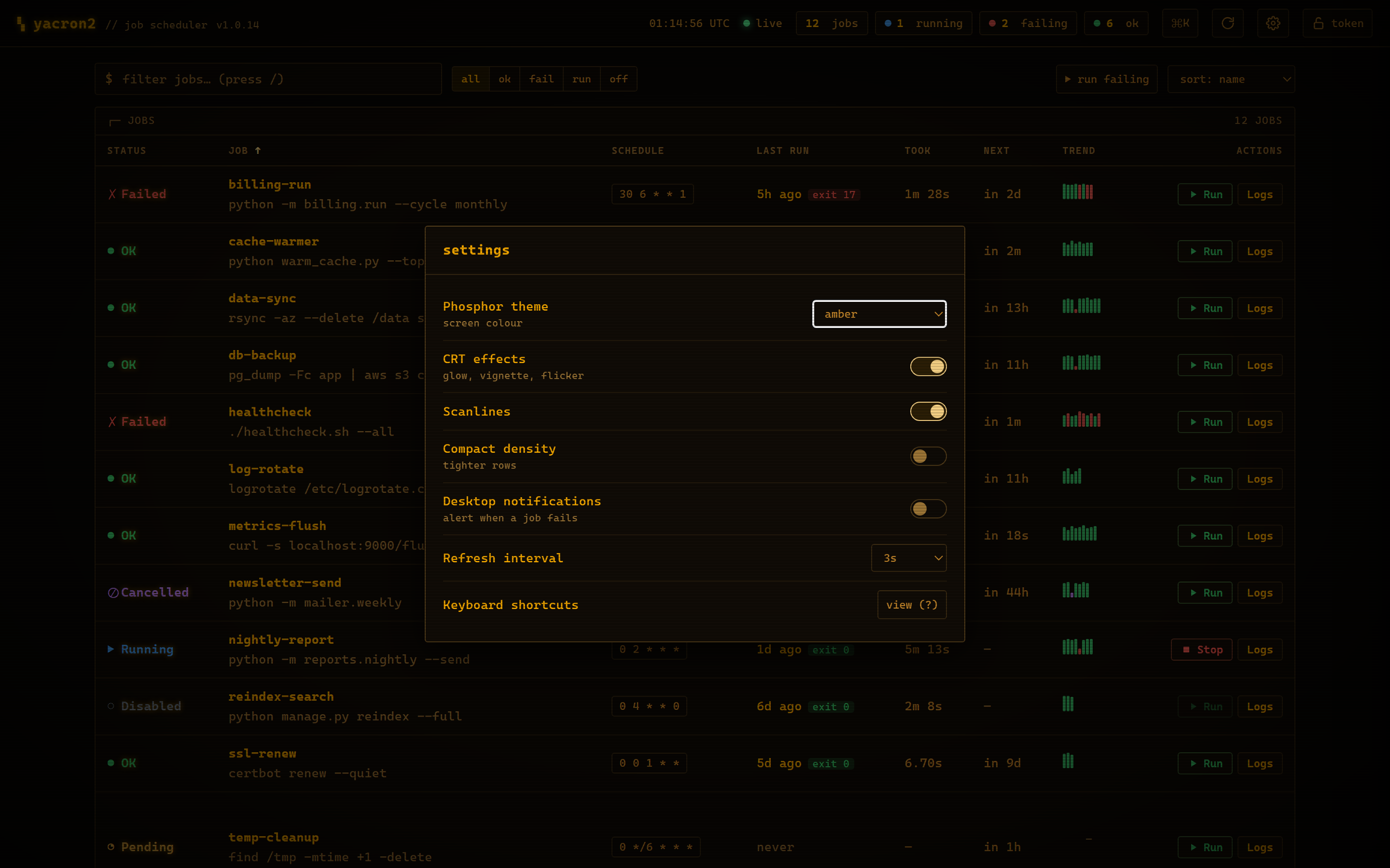 The settings panel: theme, CRT effects, scanlines, compact density, desktop notifications, and refresh interval