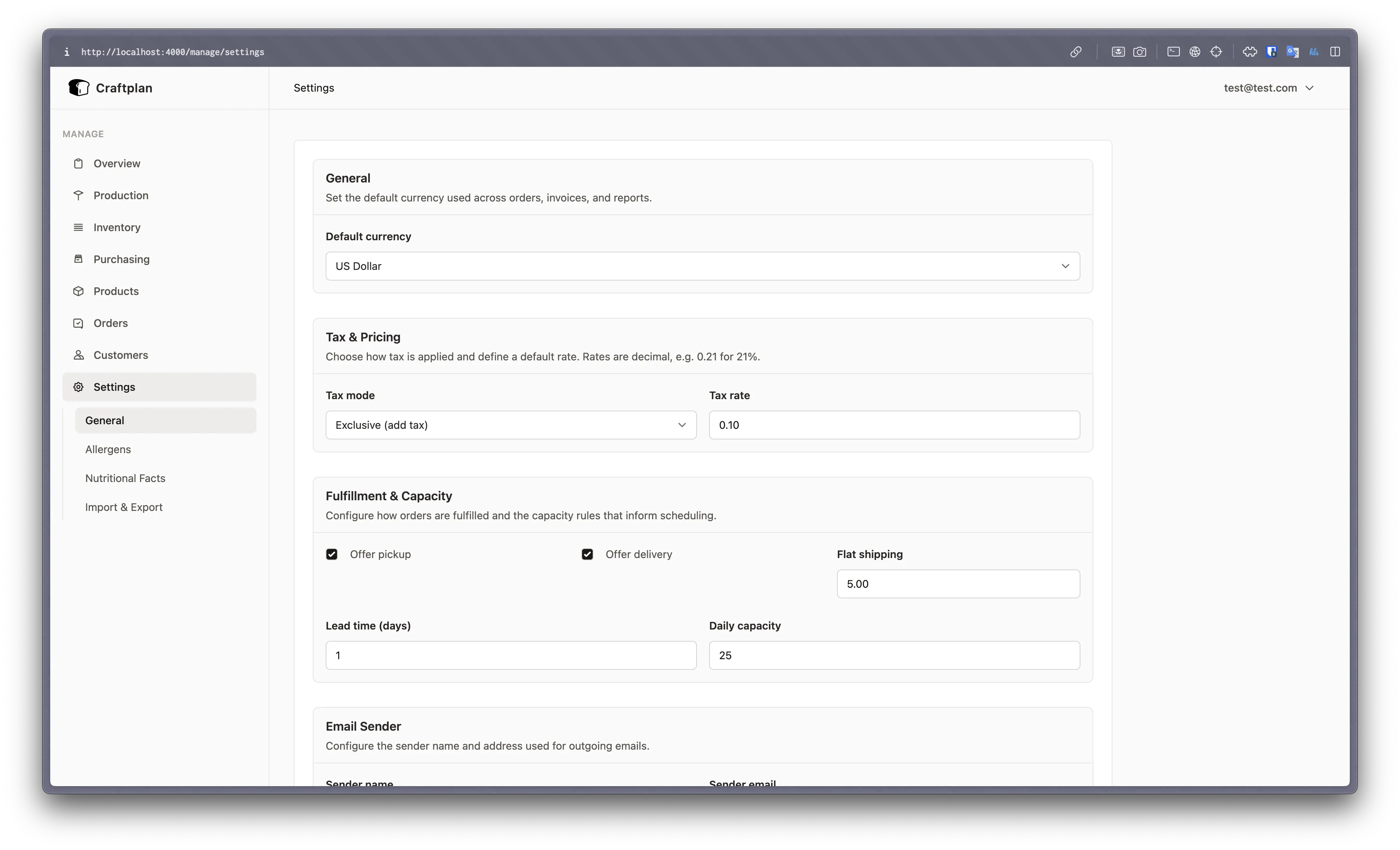 Settings and email configuration