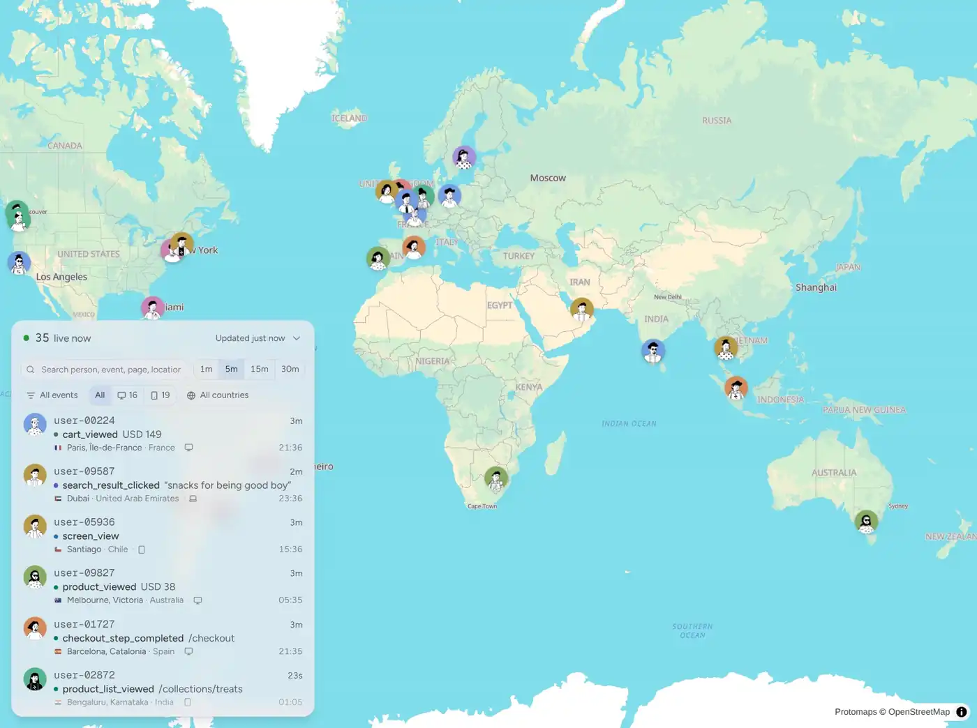 Pug's live map flying between real-time visitors around the world