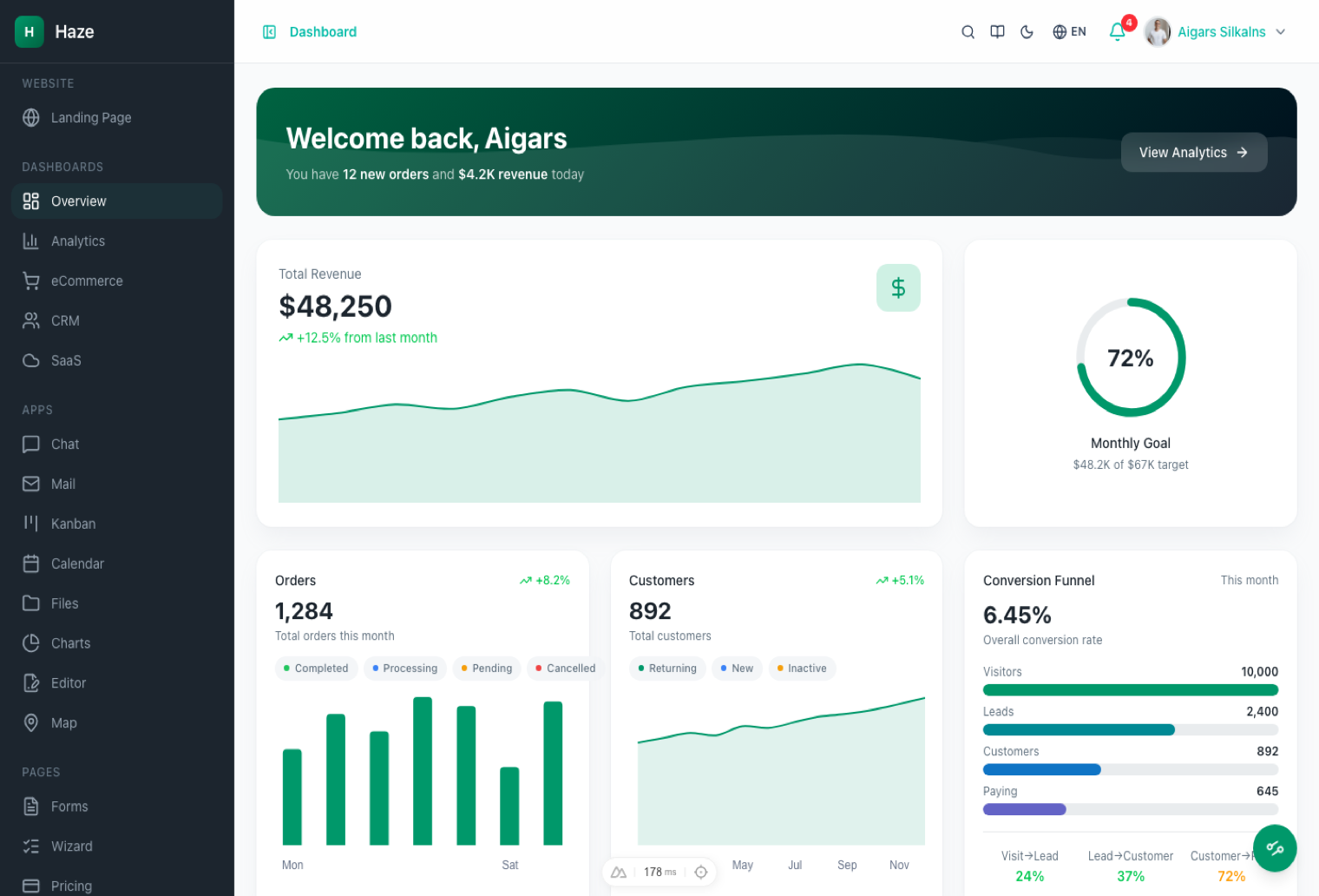 Haze — Nuxt 4 admin dashboard with 92+ pages and 5 dashboards