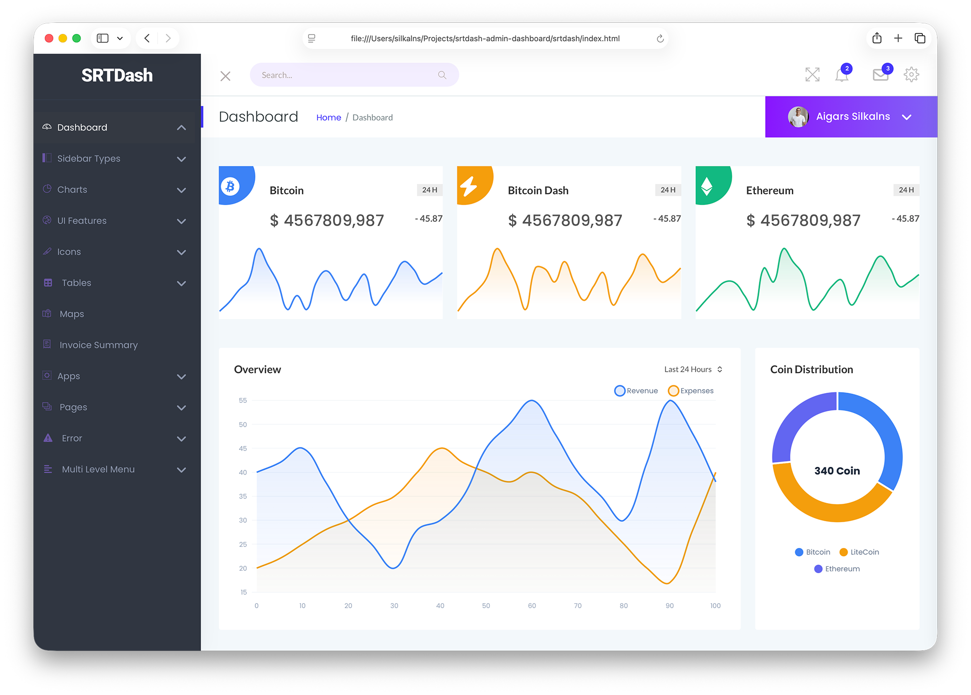 SRTdash main dashboard — ICO/crypto variant with live charts and statistics