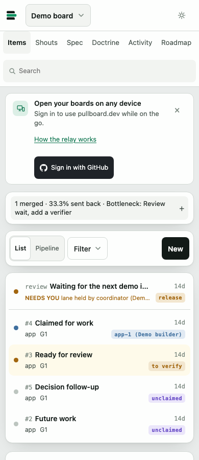 The phone board shows active work, a Needs you row for a held lane, search in the top bar, and a stats line with merged work, sent-back share and the bottleneck recommendation.