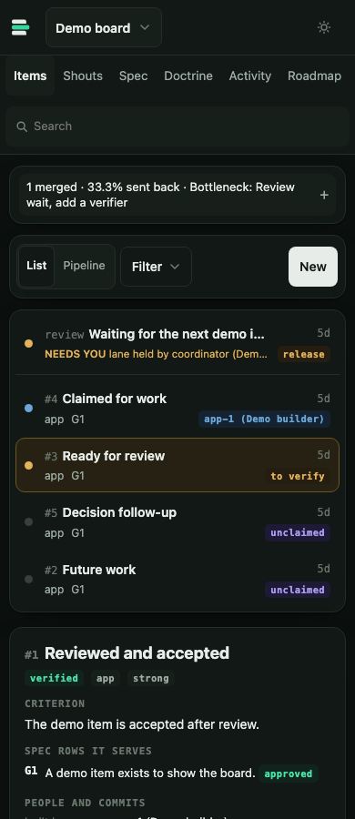 The phone board in dark mode shows active work, a Needs you row for a held lane, search in the top bar, and a stats line with merged work, sent-back share and the bottleneck recommendation.