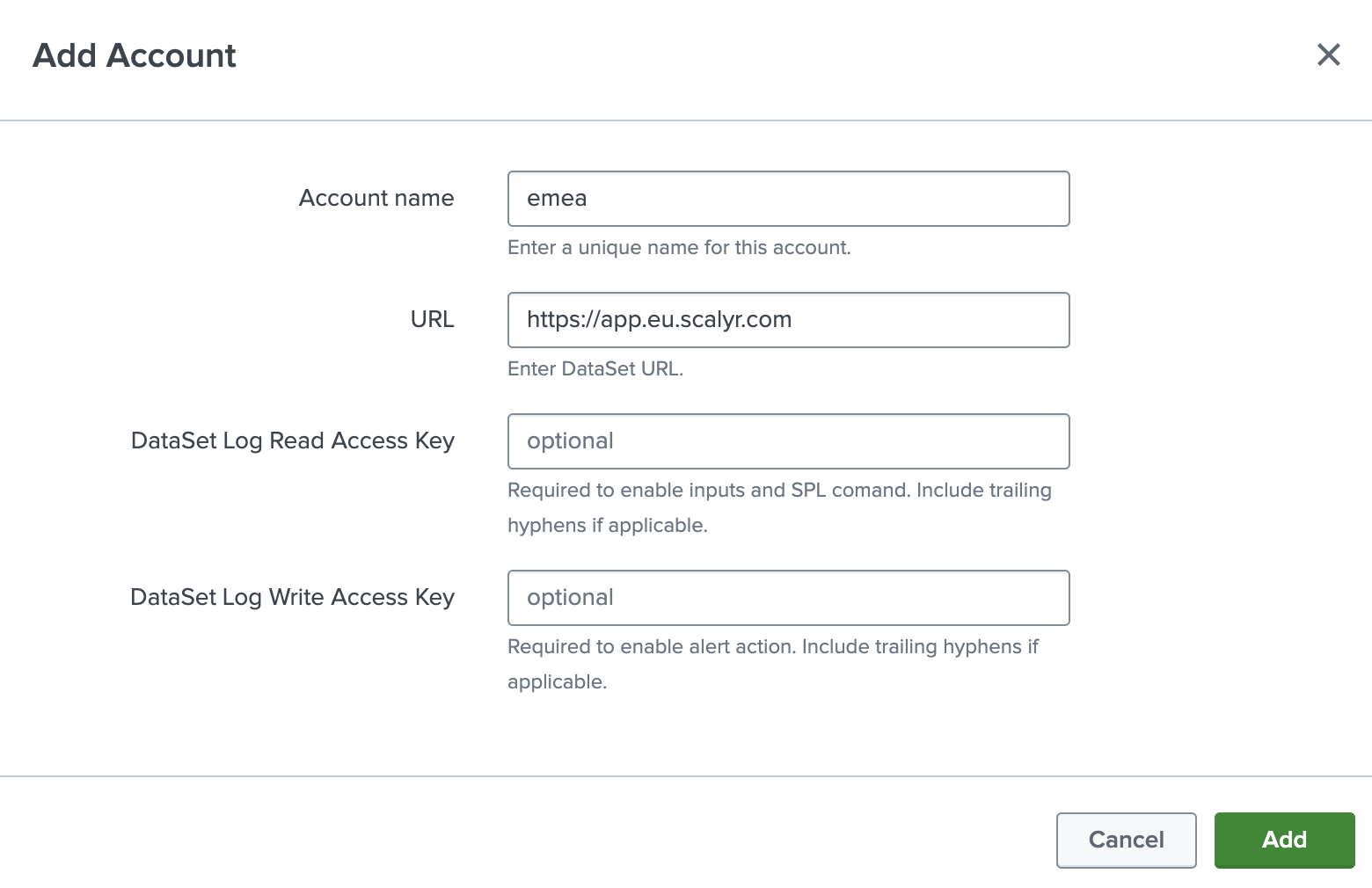 Configuring DataSet Account