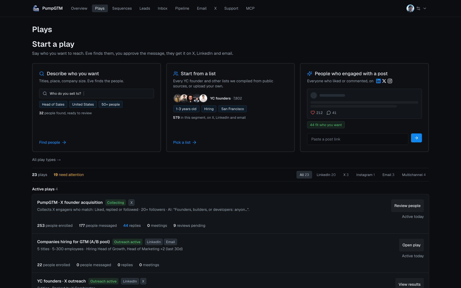 PumpGTM Plays: describe who you want, start from a list, or reach everyone who engaged with a post