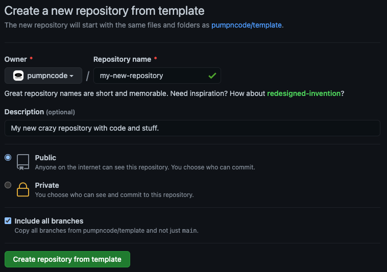 Screenshot of Create a new repository from template screen