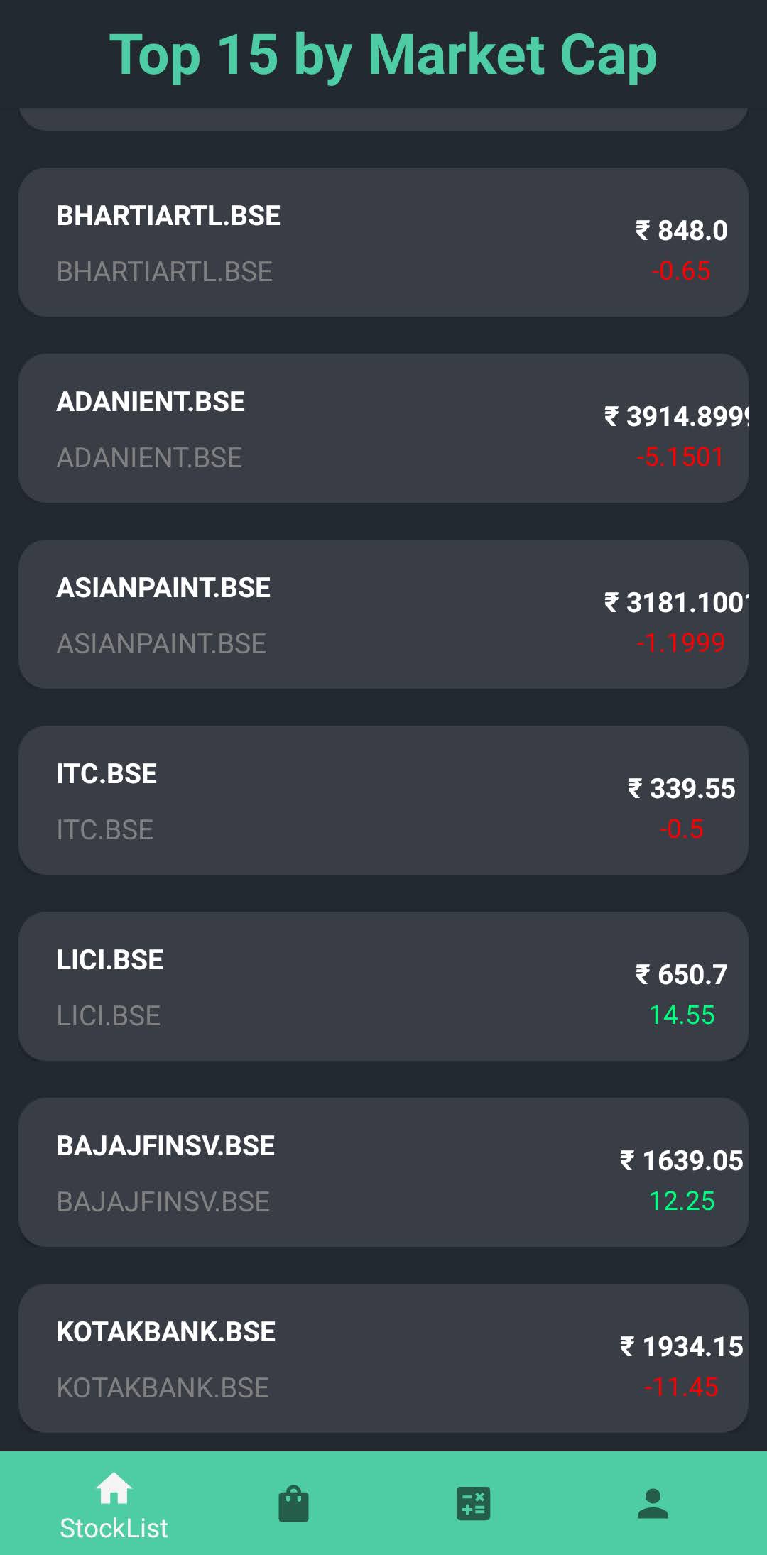 StockList Page