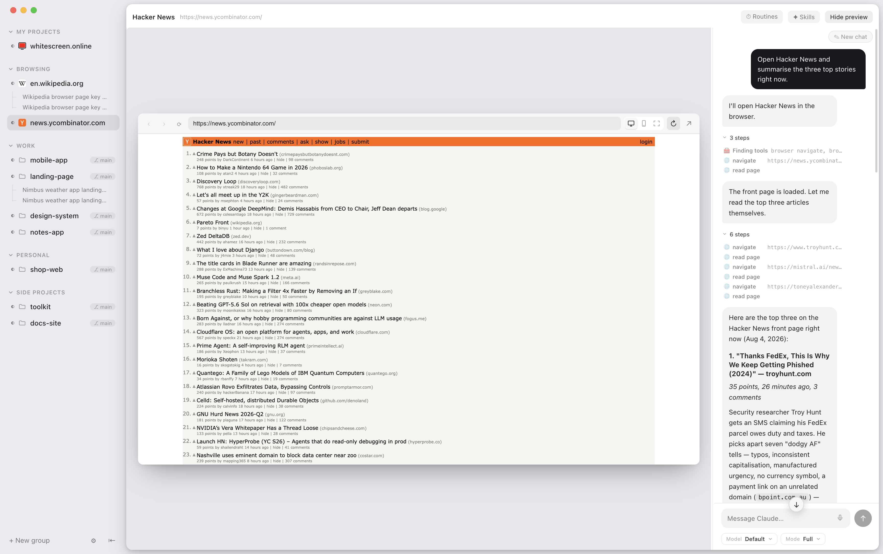 The agent driving the browser pane: a real page, a real session, a stop button