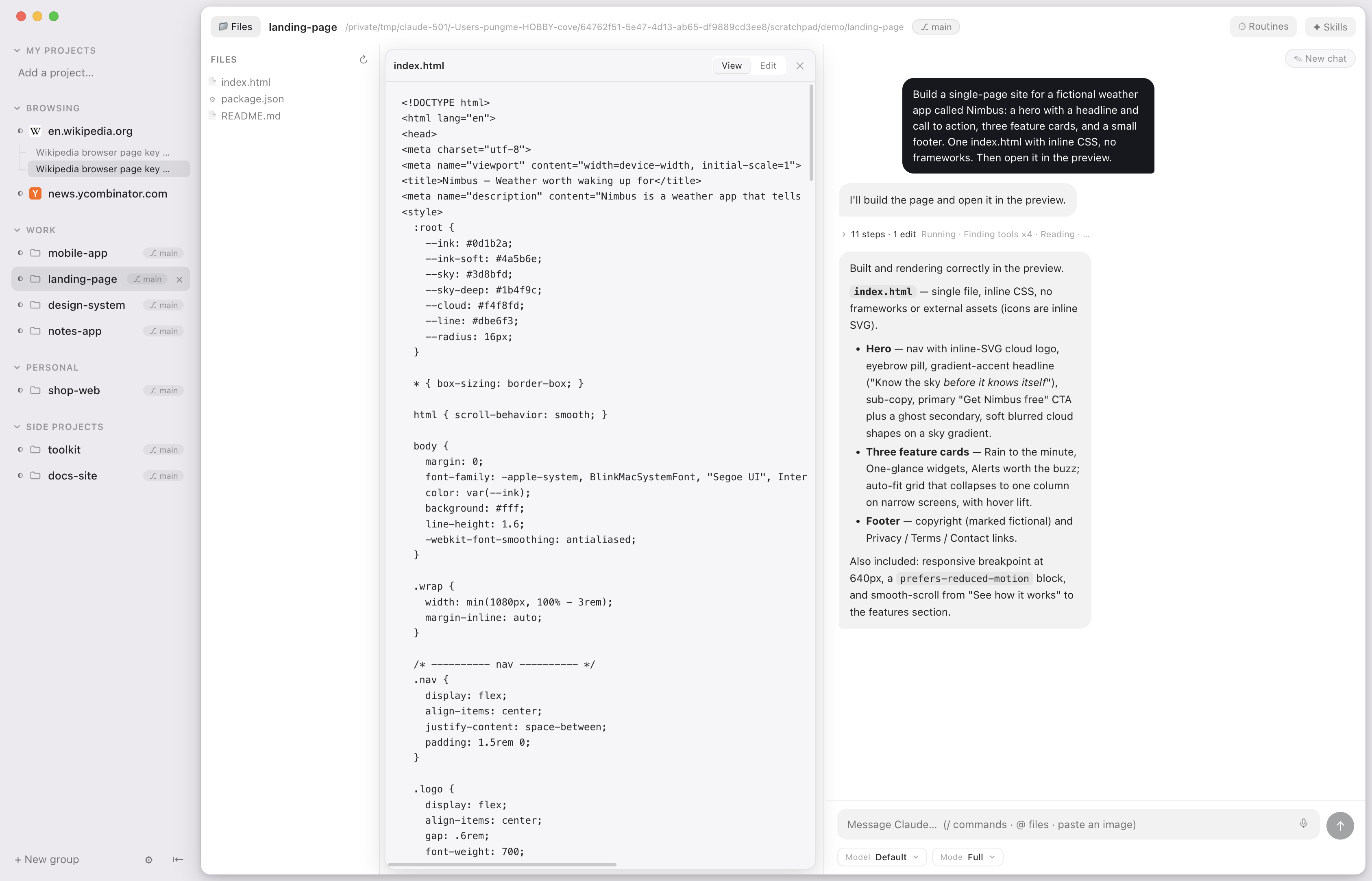 The chat next to the code it's editing — the file tree, grouped steps and edits, model and mode pickers