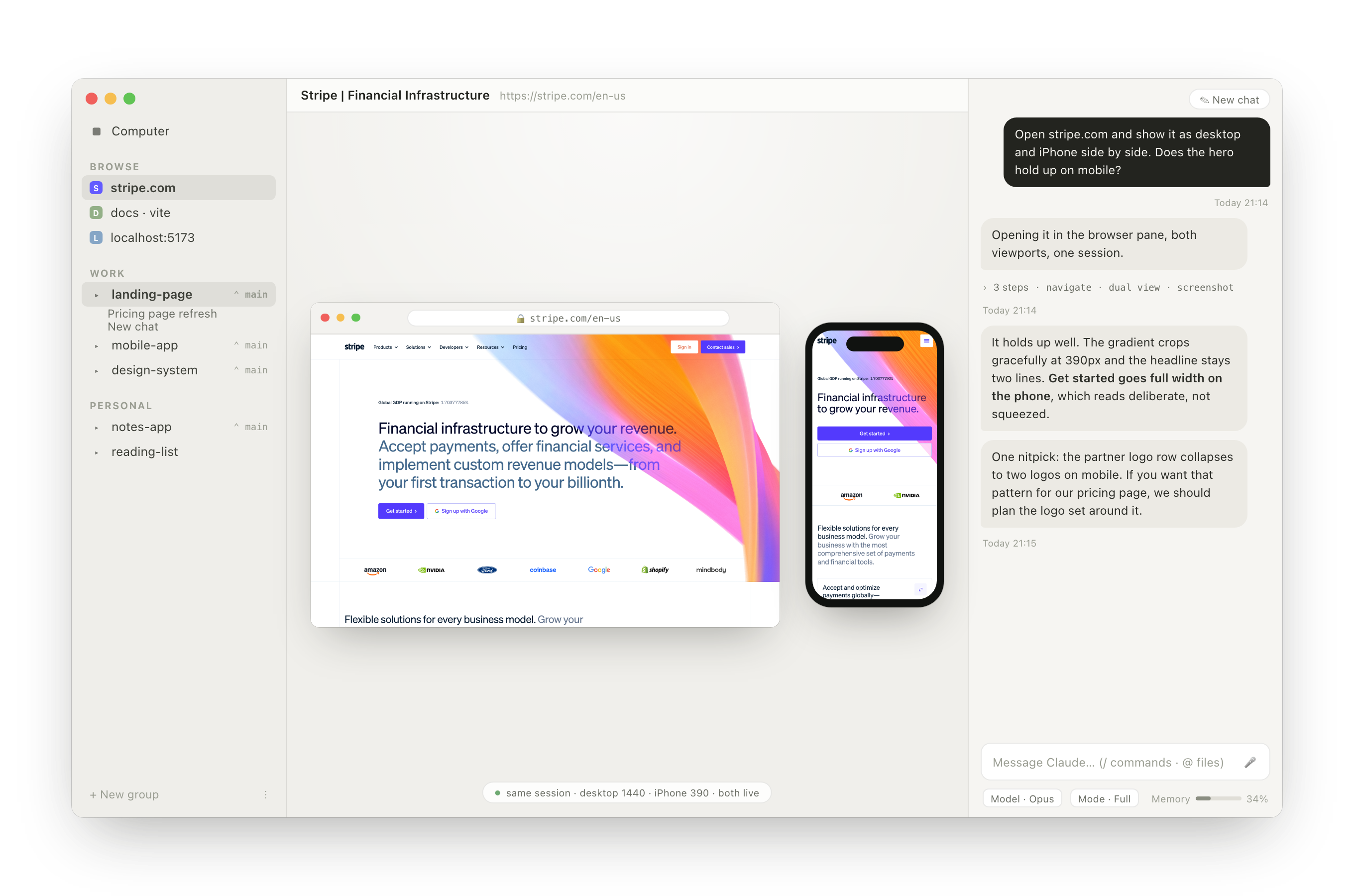 Superagent — a Monet at the Met open in the browser pane as a desktop page and an iPhone side by side, with the agent that opened it explaining the painting in the chat beside them