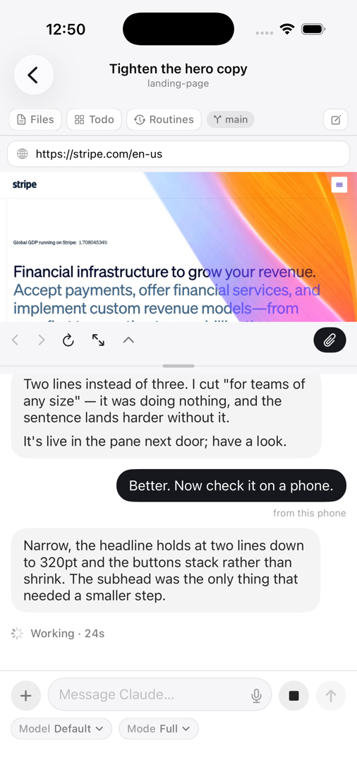 The iPhone app: a page mirrored from the Mac above the conversation that opened it