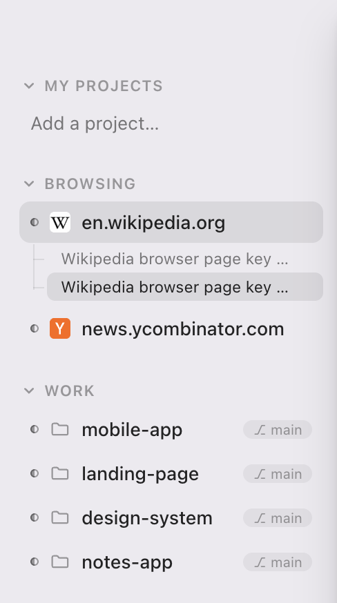 The sidebar: grouped projects with nested chats and branch chips